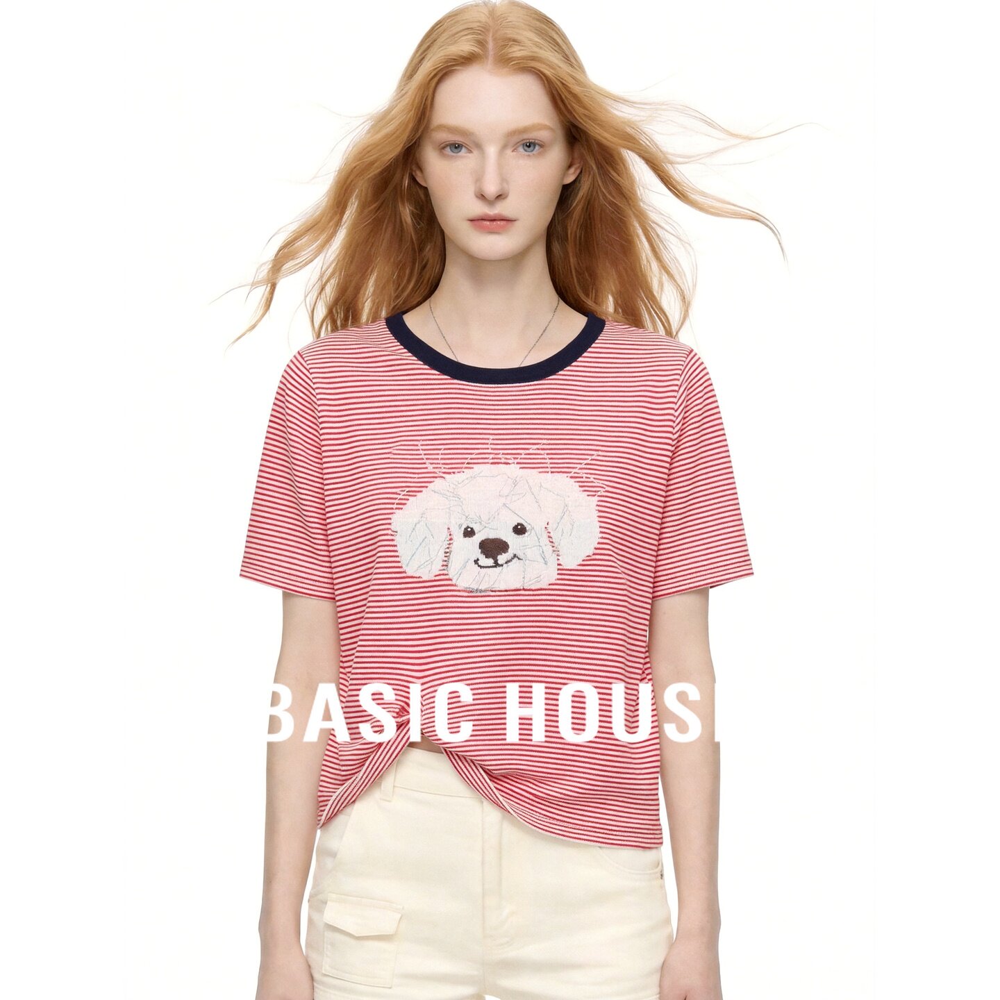 Basic House/百家好莱赛尔休闲条纹小狗卡通短袖T恤女宽松针织衫