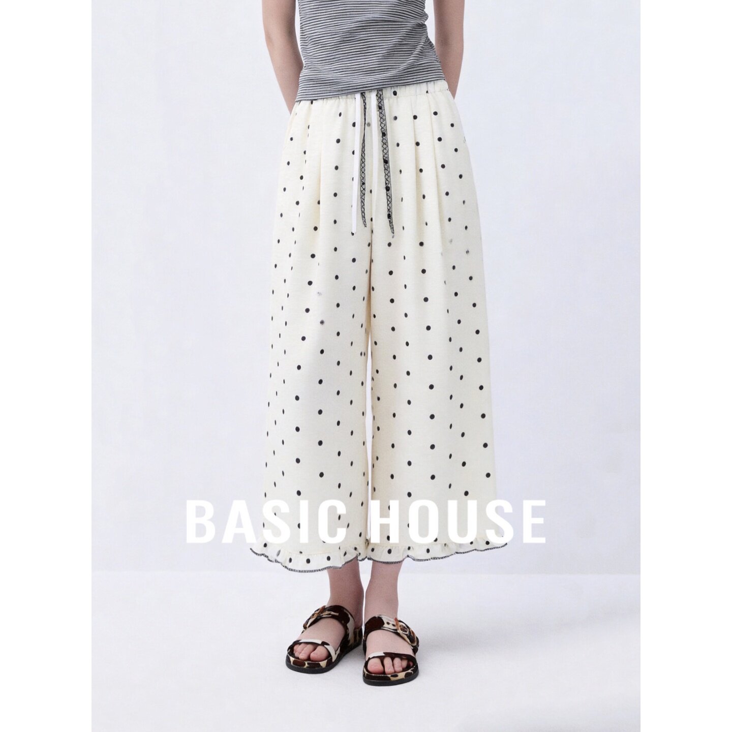Basic House/百家好波点阔腿裤女白色松紧腰抽绳九分裤休闲慵懒风