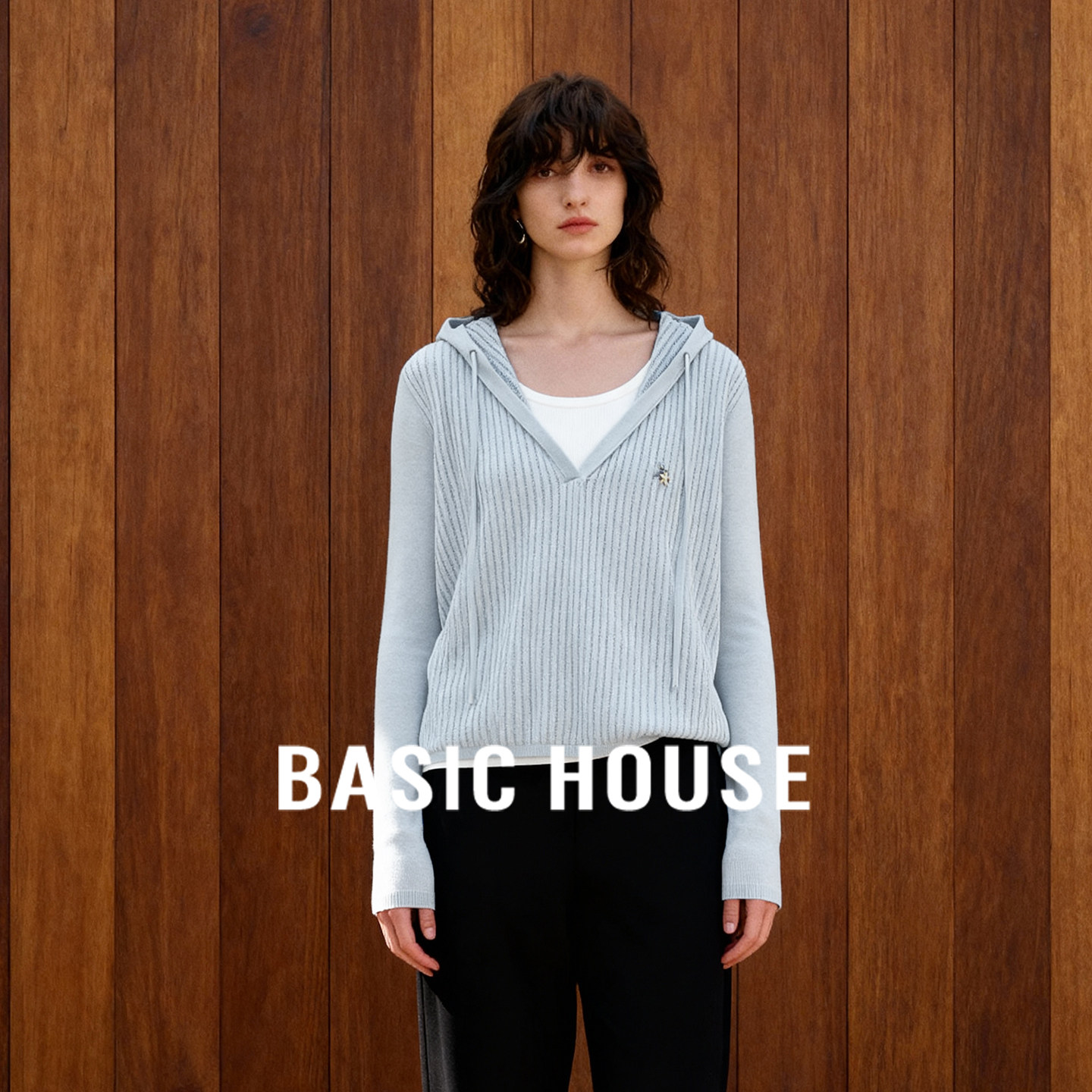 Basic House/百家好连帽假两件抽绳针织衫秋新款舒适撞色短款上衣