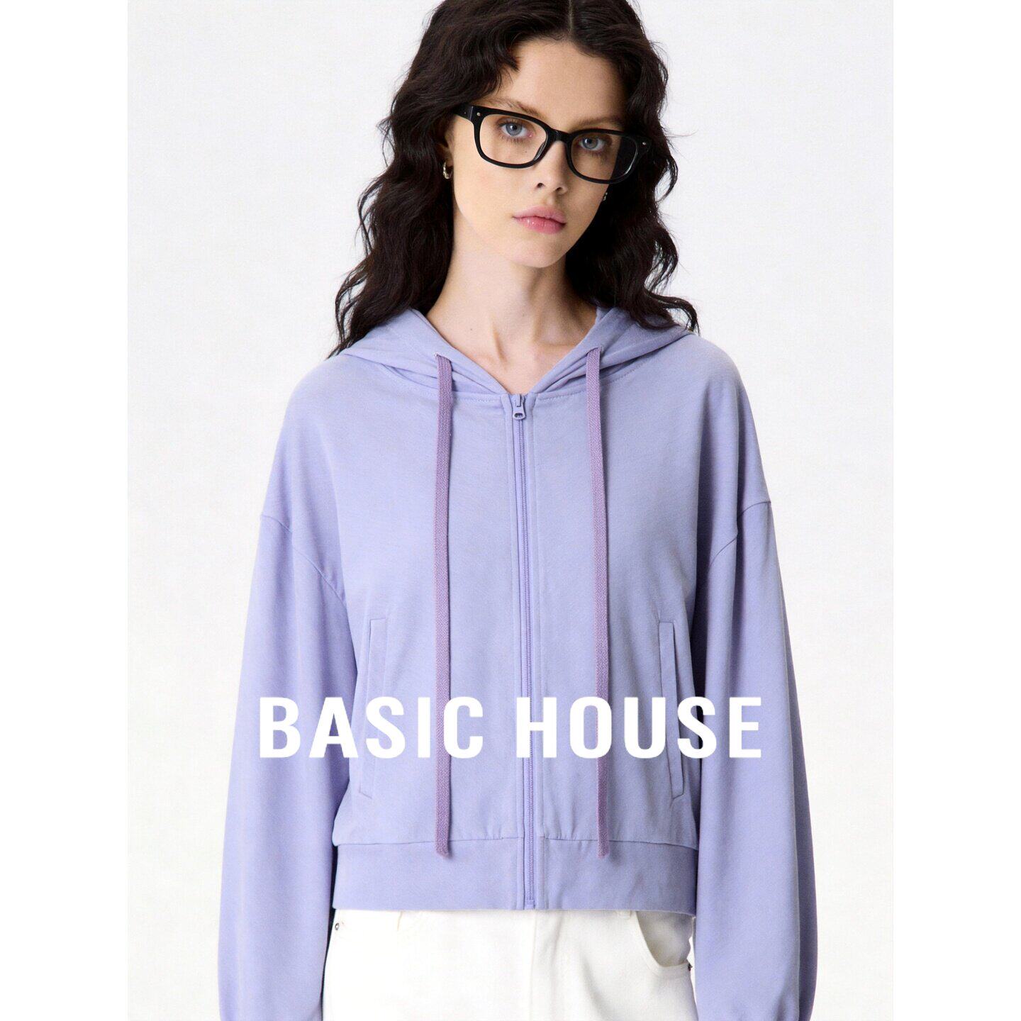 Basic House/百家好韩系连帽拉链卫衣女夏季纯棉薄款宽松开衫外套