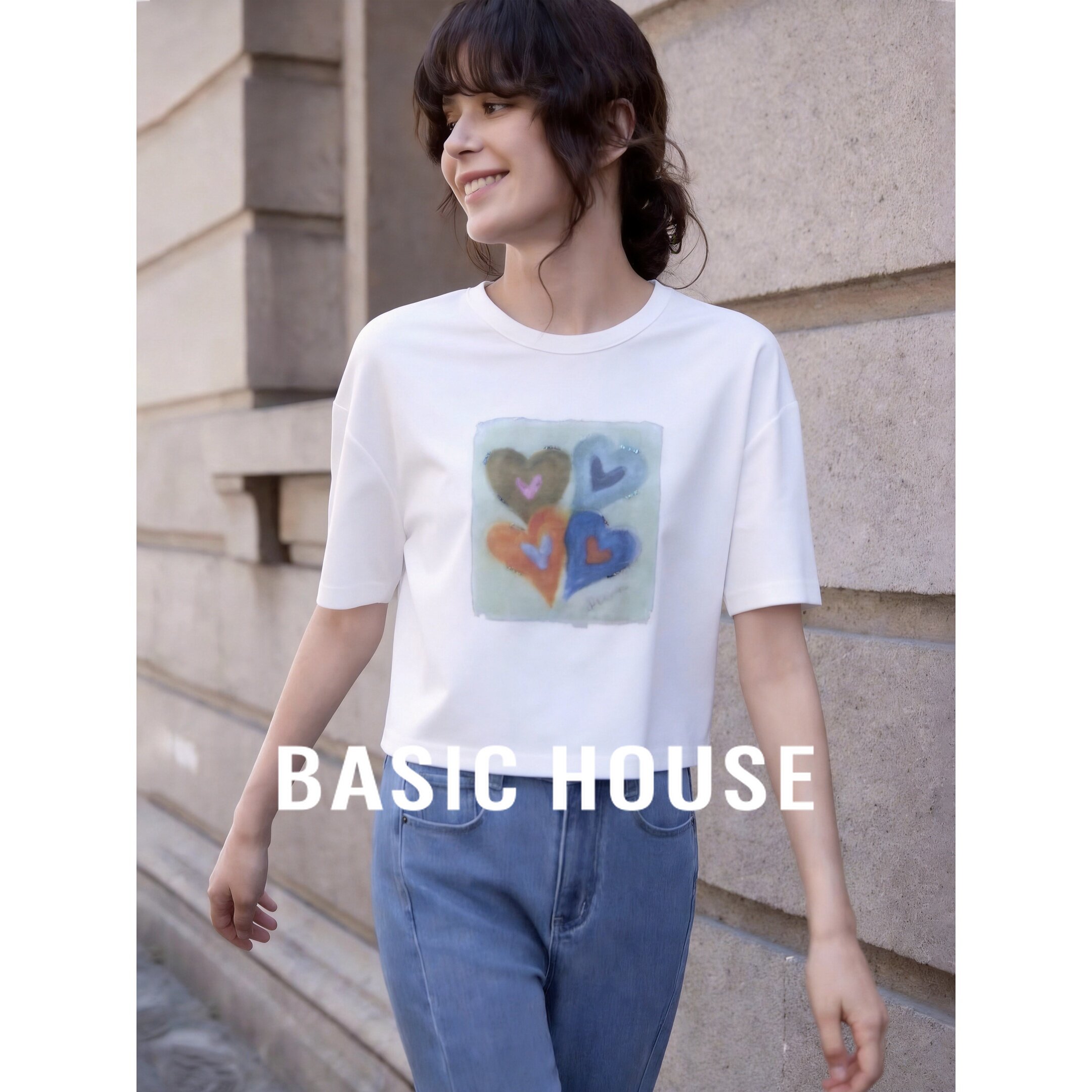 Basic House/百家好爱心印花白色棉质短款T恤女夏季宽松休闲短袖