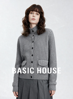 Basic House/百家好秋冬针织开衫女粗针织竖条纹设计通勤百搭上衣