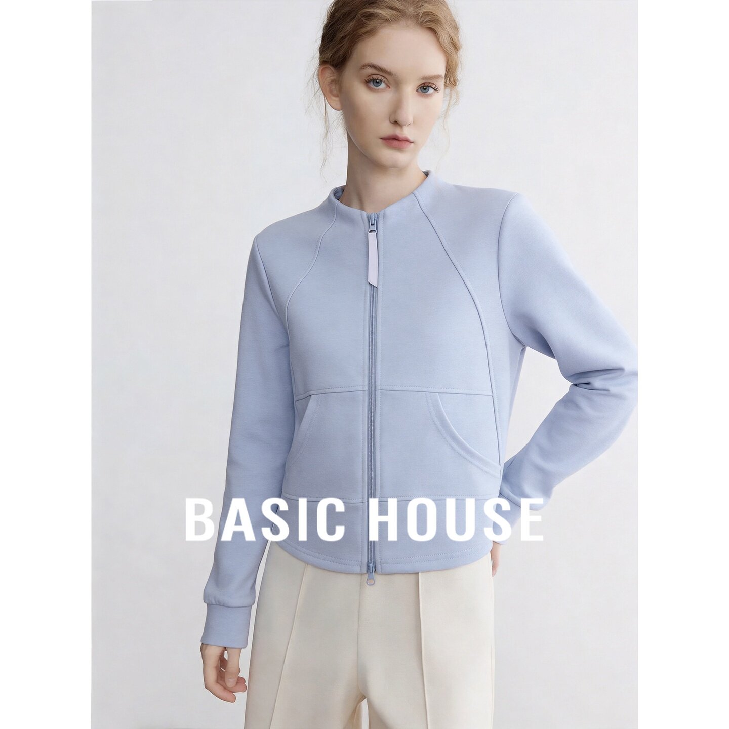 Basic House/百家好蓝色立领拉链宽松短款日常休闲百搭开衫卫衣女