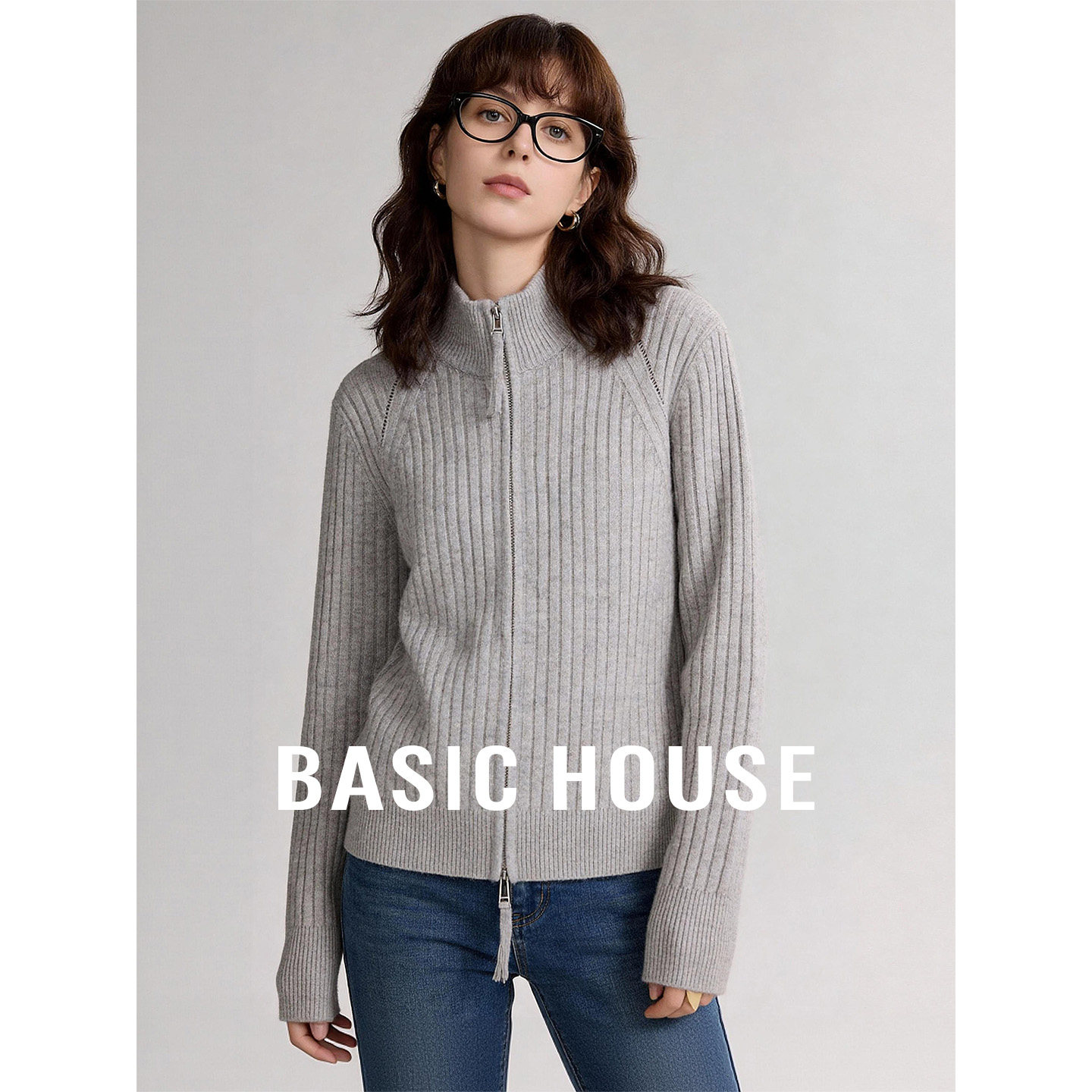 Basic House/百家好灰色半高领纯色针织毛衣女秋新款简约百搭上衣