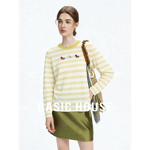Basic House/百家好设计感条纹长袖针织衫女圆领刺绣薄款减龄上衣