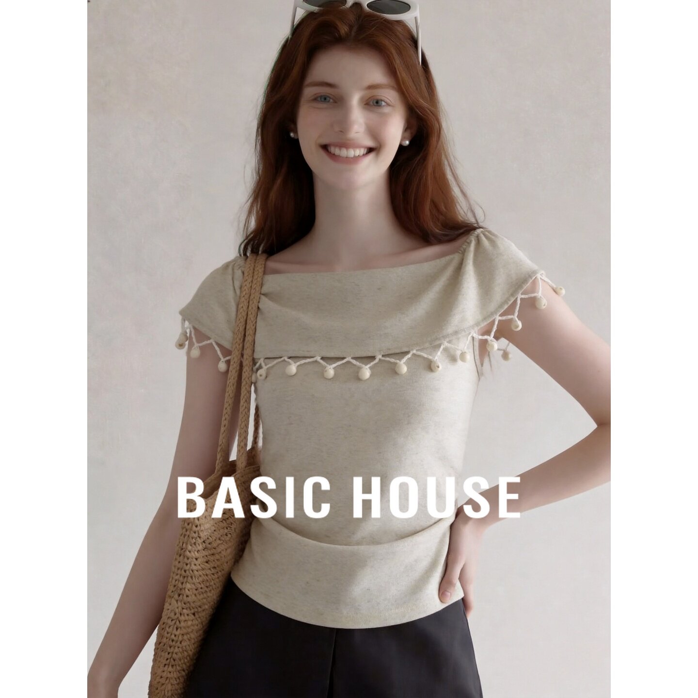 Basic House/百家好波西米亚风一字领无袖设计感T恤女夏季超好看