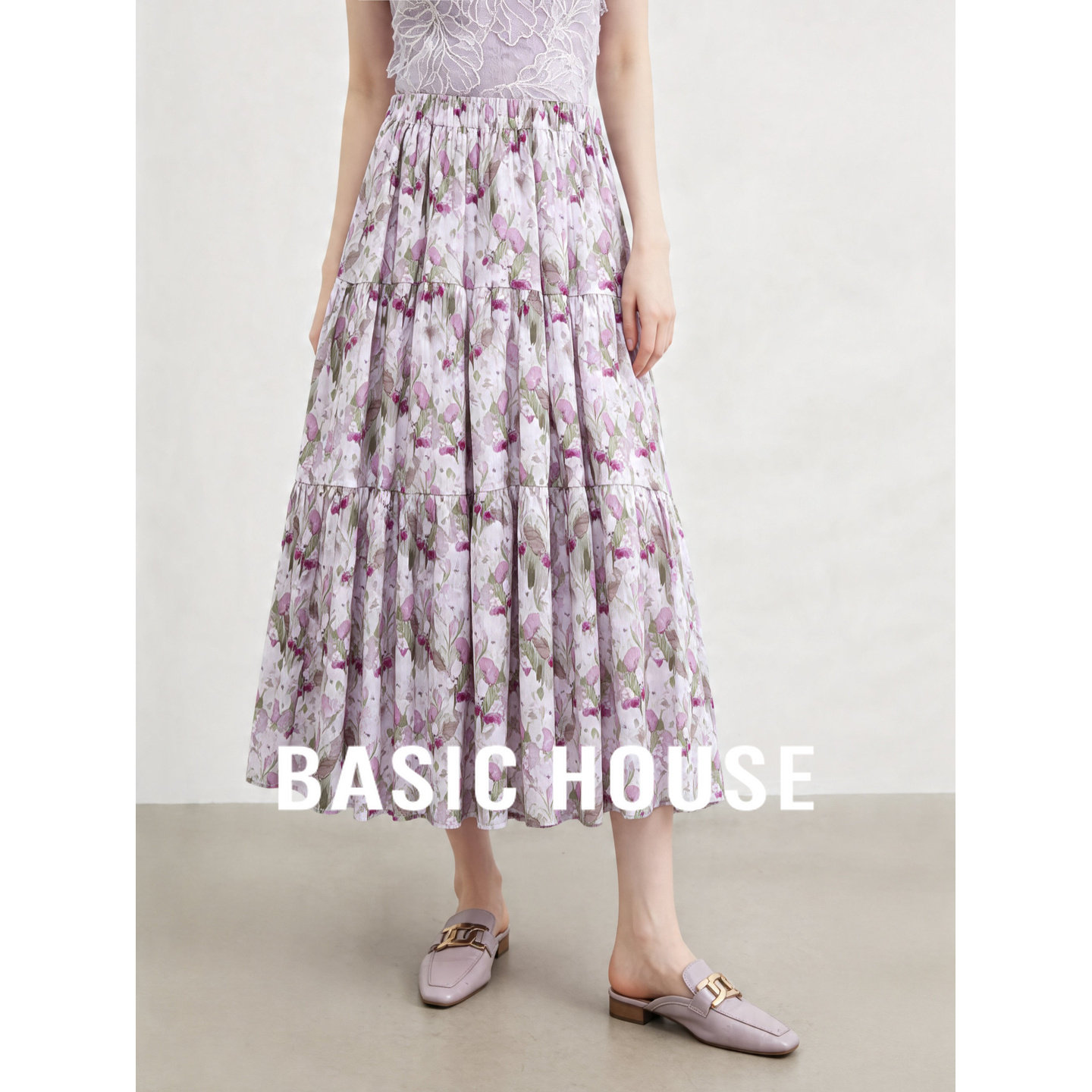Basic House/百家好温柔风碎花半身裙女2026夏高腰显瘦A字中长裙
