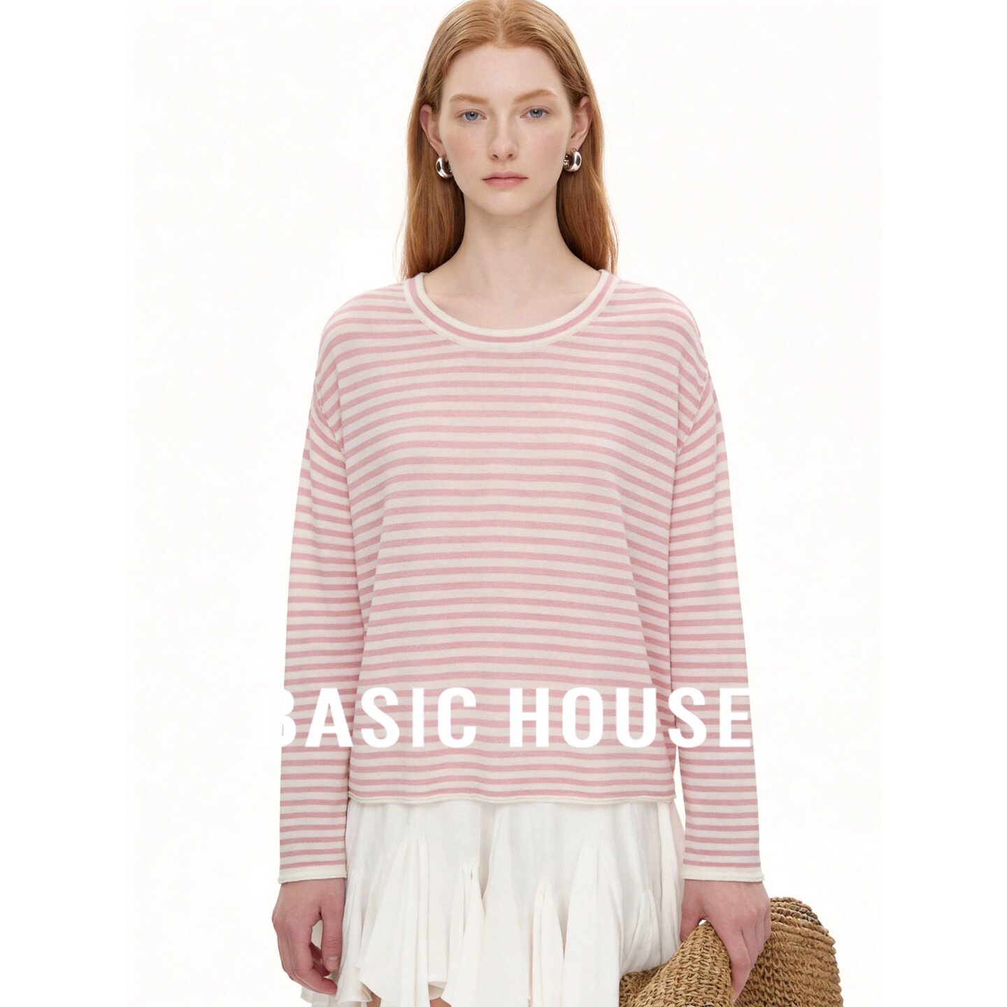 Basic House/百家好粉色简约条纹圆领长袖针织衫女秋宽松百搭上衣