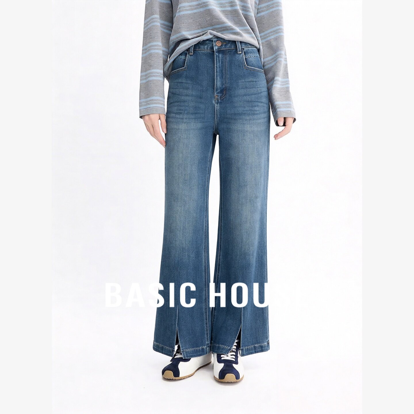 Basic House/百家好高腰前开叉微喇牛仔裤女显瘦弹力九分喇叭长裤