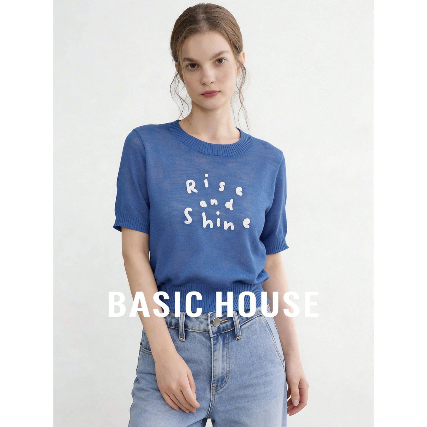 Basic House/百家好字母刺绣圆领短袖针织衫女夏短款薄款百搭
