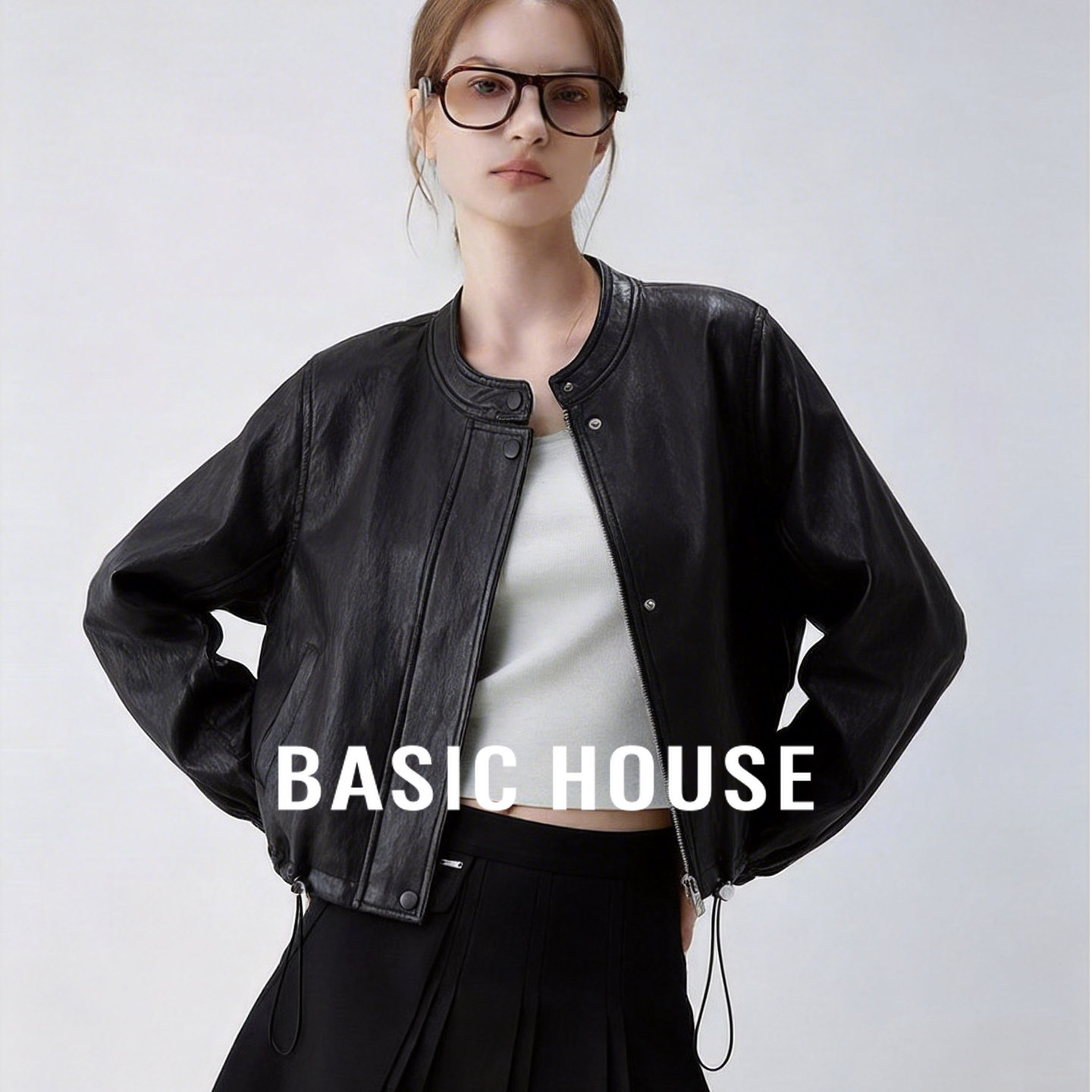 Basic House/百家好酷感简约黑色立领短款2026秋季PU皮夹克女外套