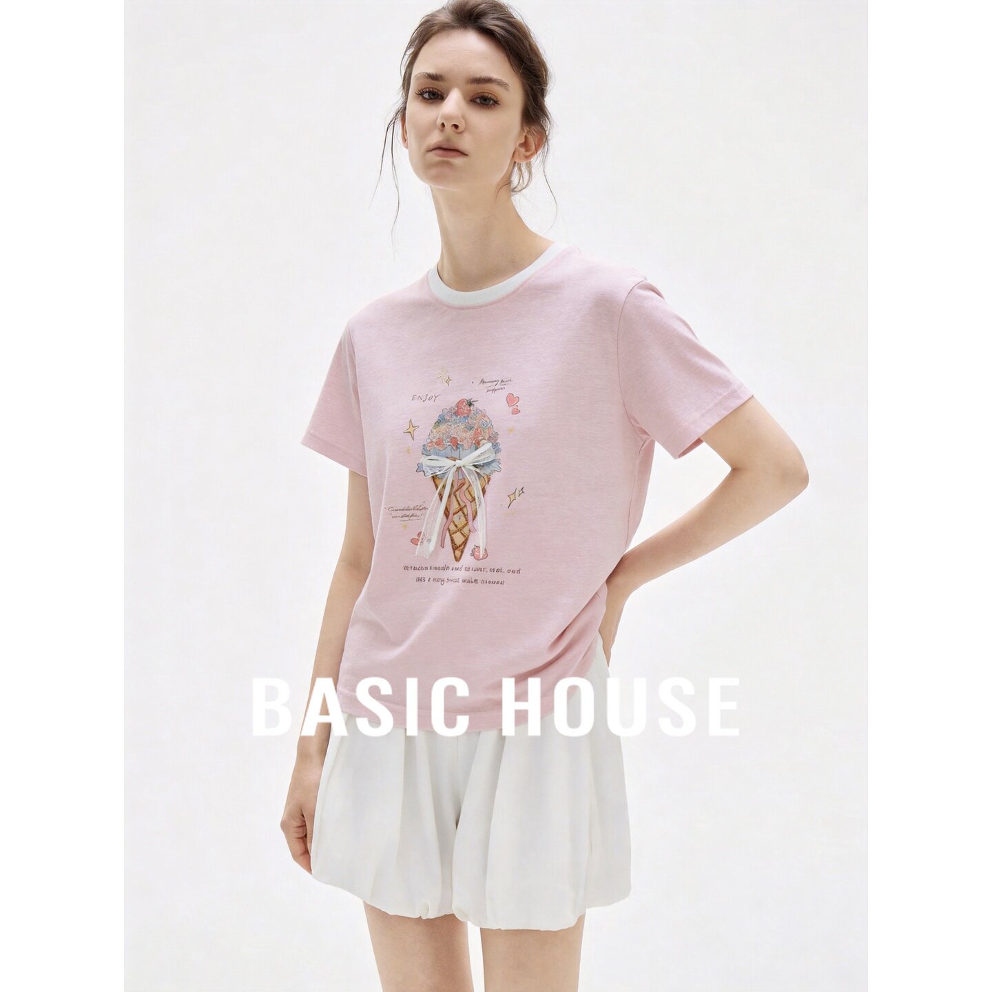 Basic House/百家好甜美可爱粉色冰淇淋印花短袖T恤女圆领上衣