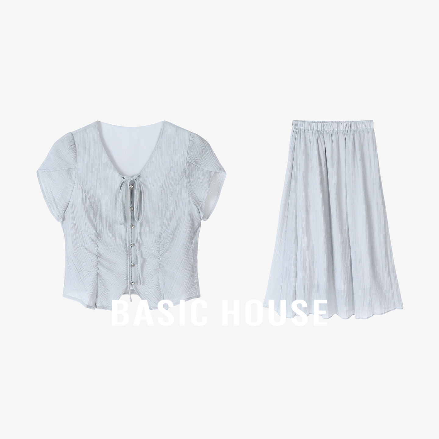 Basic House/百家好莱赛尔夏日新品休闲甜美短袖衬衫半身裙二件套