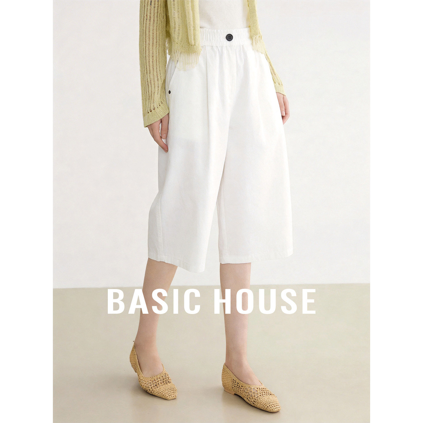 Basic House/百家好2026夏季新款白色直筒五分裤女宽松百搭休闲裤