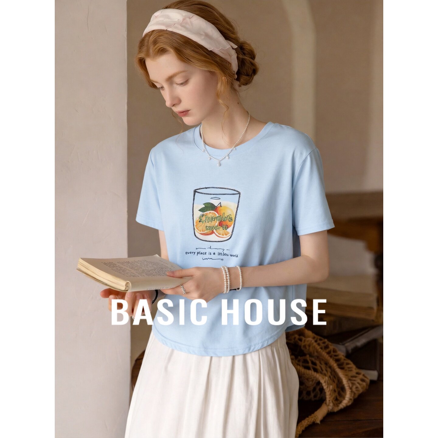 Basic House/百家好蓝色橘子印花短袖T恤女夏小清新短款正肩上衣