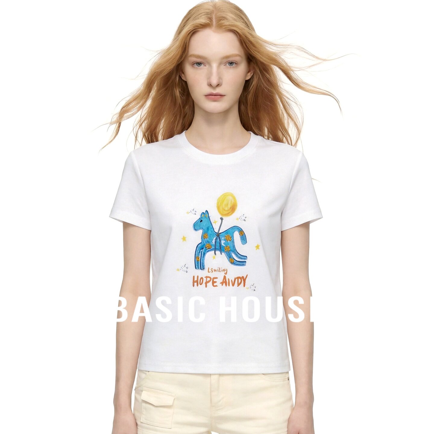 Basic House/百家好可爱小马印花短袖T恤女白色慵懒休闲气质上衣