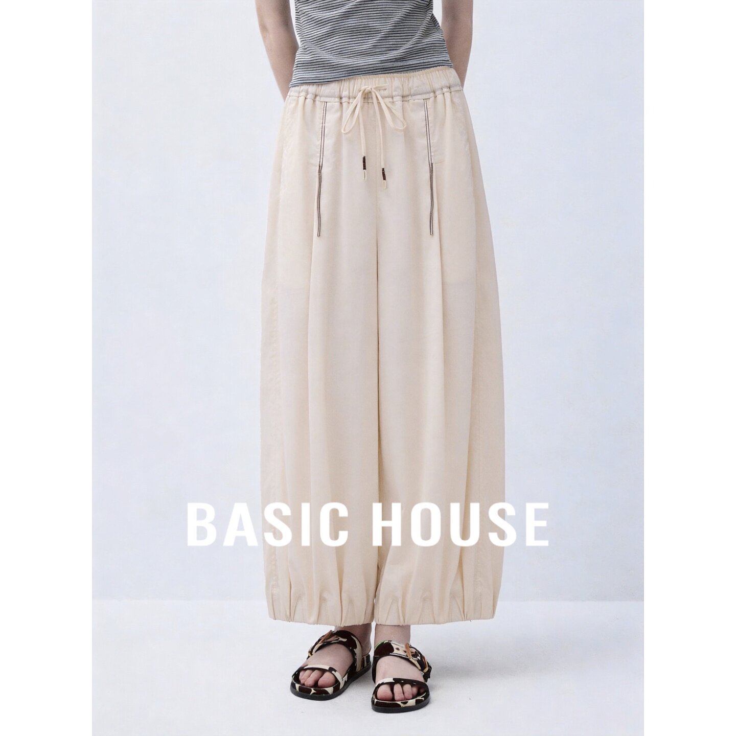 Basic House/百家好慵懒风高腰阔腿裤女秋米色宽松休闲百搭灯笼裤
