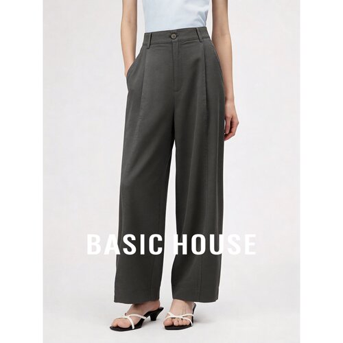 Basic House/百家好灰色莱赛尔高腰阔腿裤女垂坠感极简风纯色长裤