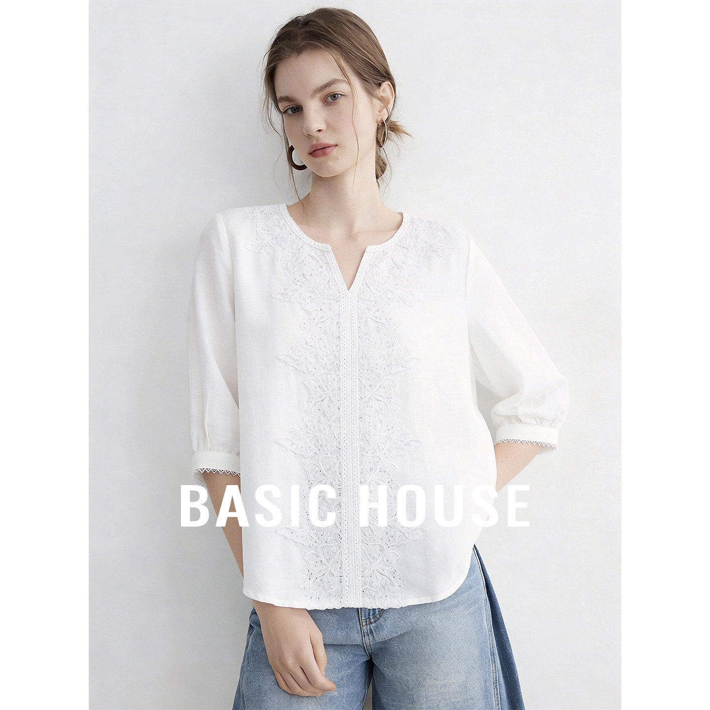 Basic House/百家好纯色套装复古刺绣宽松衬衫短款吊带背心两件套