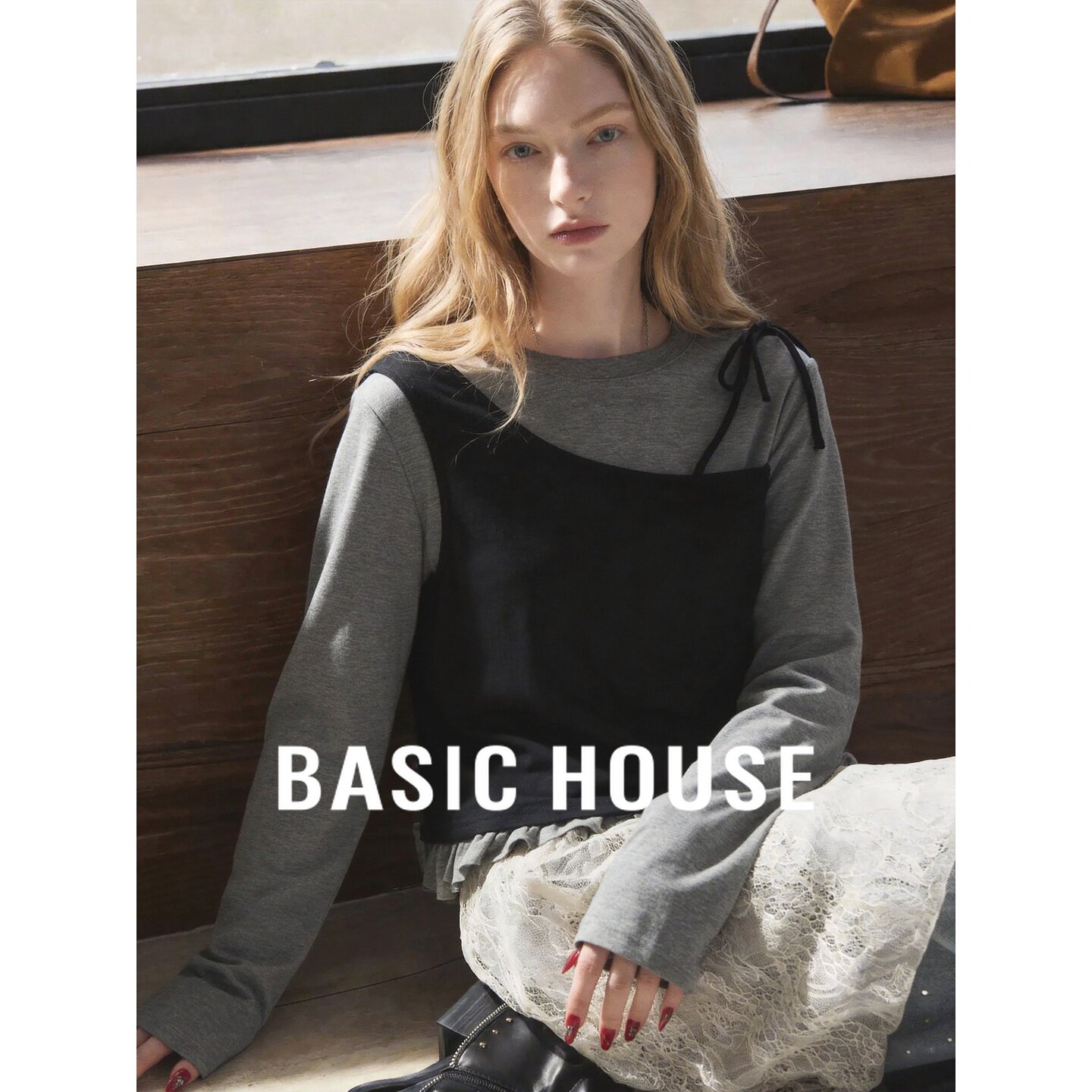 Basic House/百家好设计感假两件长袖T恤女拼接吊带上衣早秋穿搭