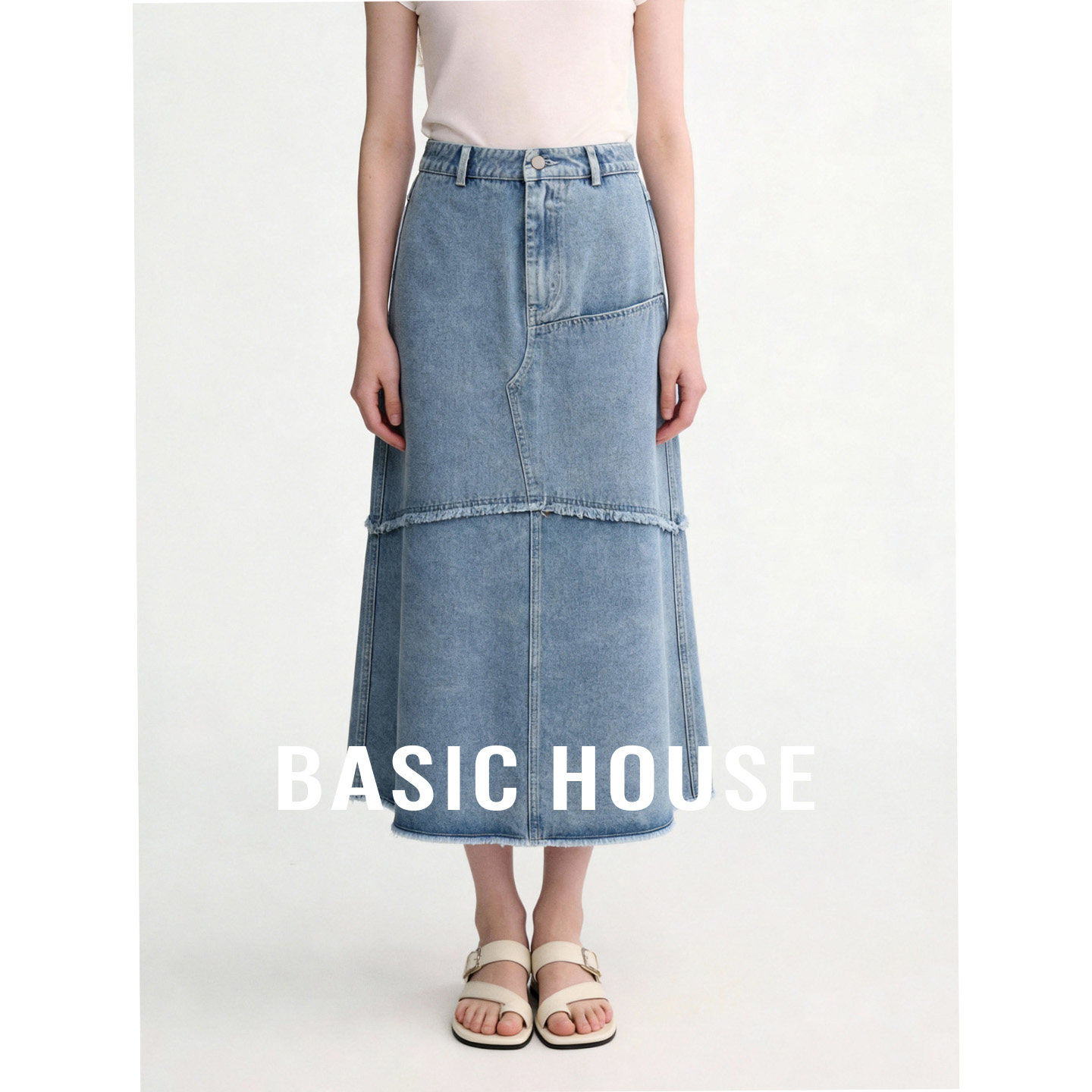 Basic House/百家好浅蓝色牛仔半身裙春季新款拼接拉链A字中长裙