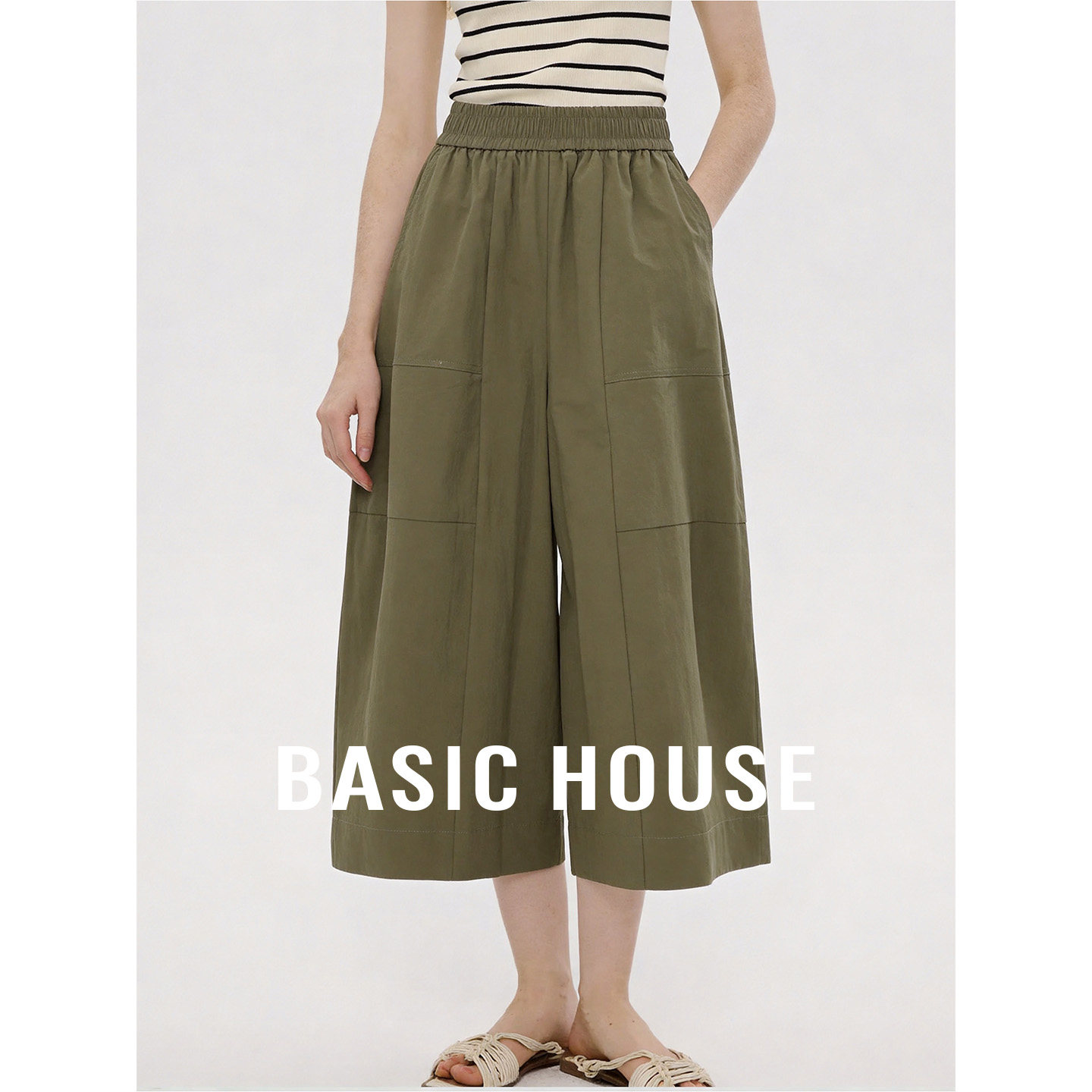 Basic House/百家好军绿色复古宽松显瘦遮肉休闲阔腿九分裤女夏
