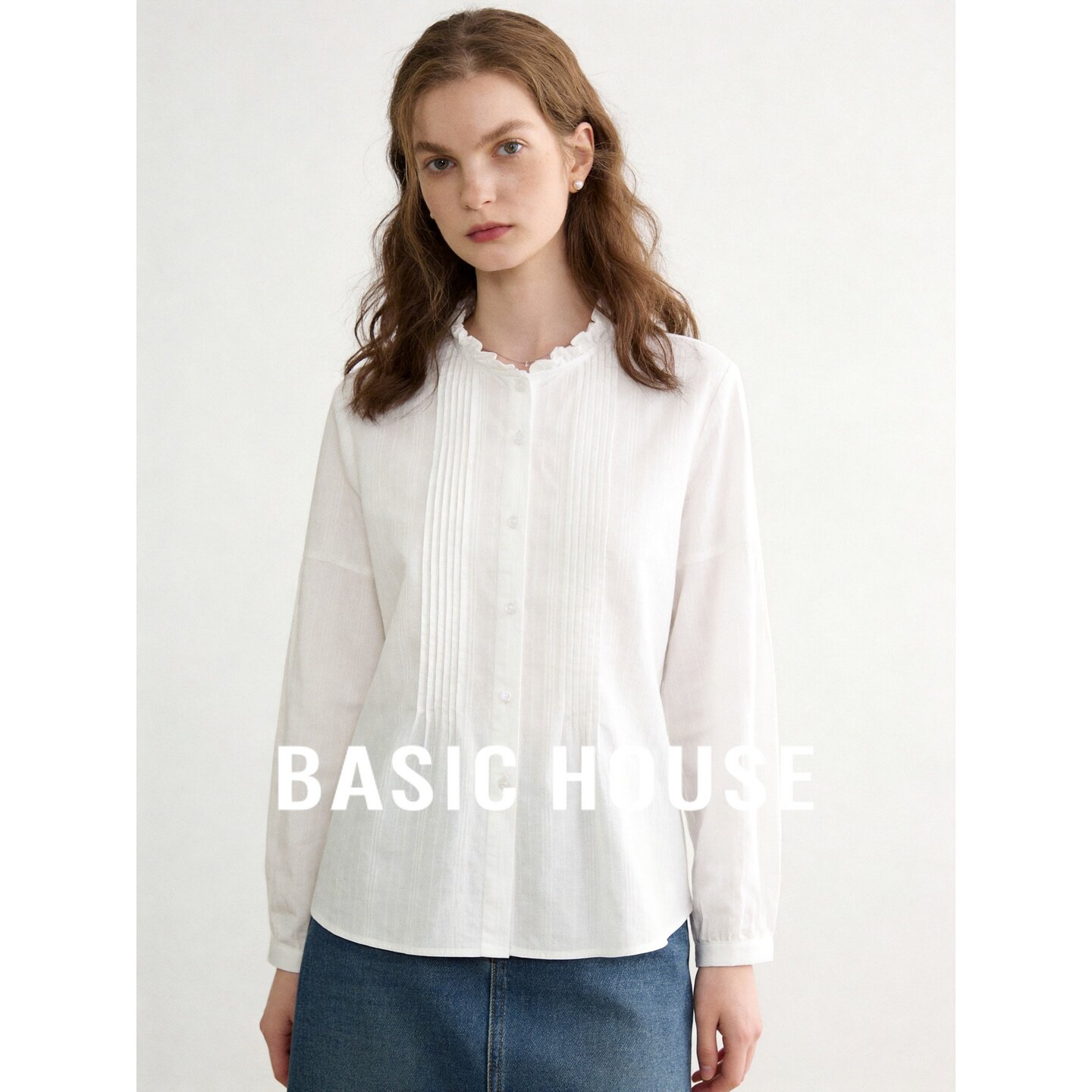 Basic House/百家好法式白色压褶衬衫女长袖纯棉宽松百搭衬衫上衣