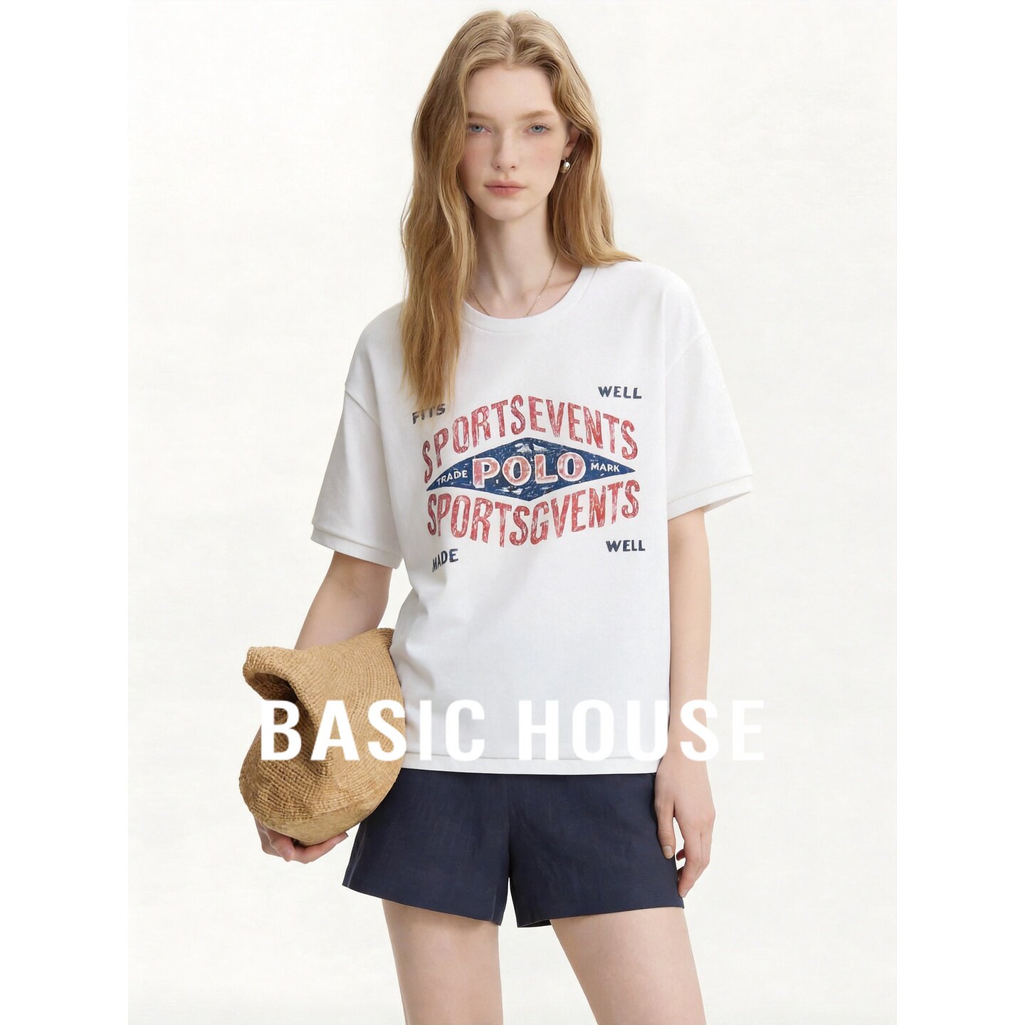 Basic House/百家好美式复古印字白色短袖T恤女夏季百搭棉质上衣