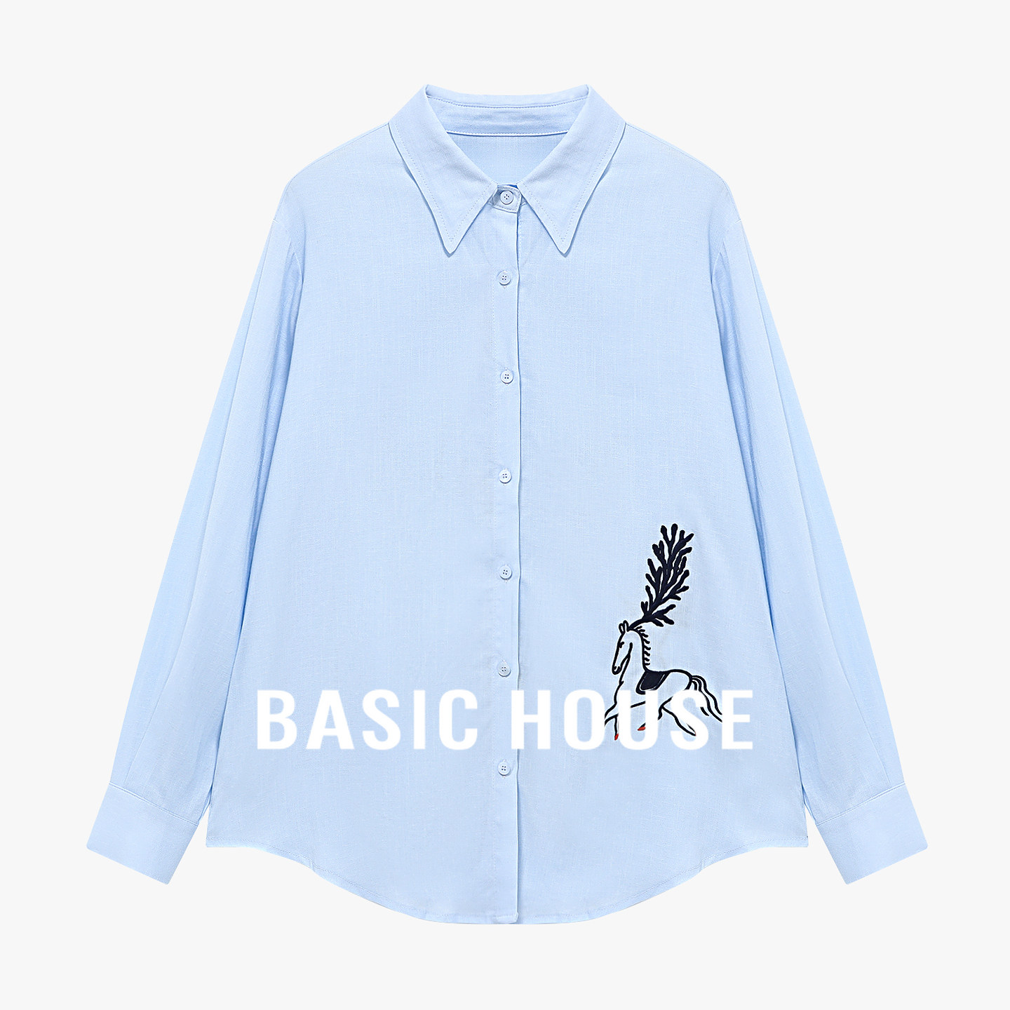 Basic House/百家好白色polo小马刺绣衬衫女夏季宽松舒适透气外搭