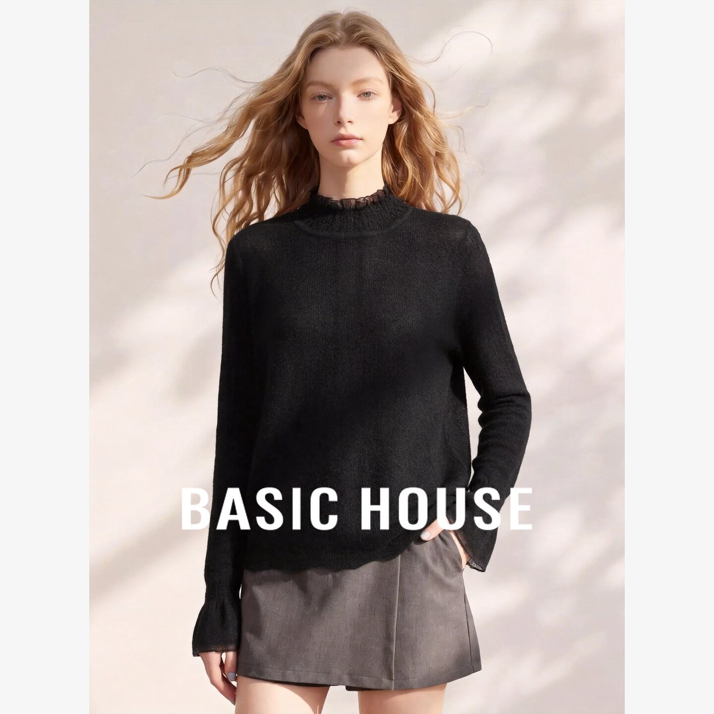 Basic House/百家好高领蕾丝拼接长袖针织衫女装宽松百搭优雅毛衣