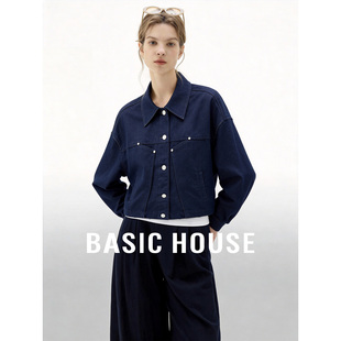 Basic House/百家好2026春季简约翻领短款牛仔外套宽松外搭上衣女