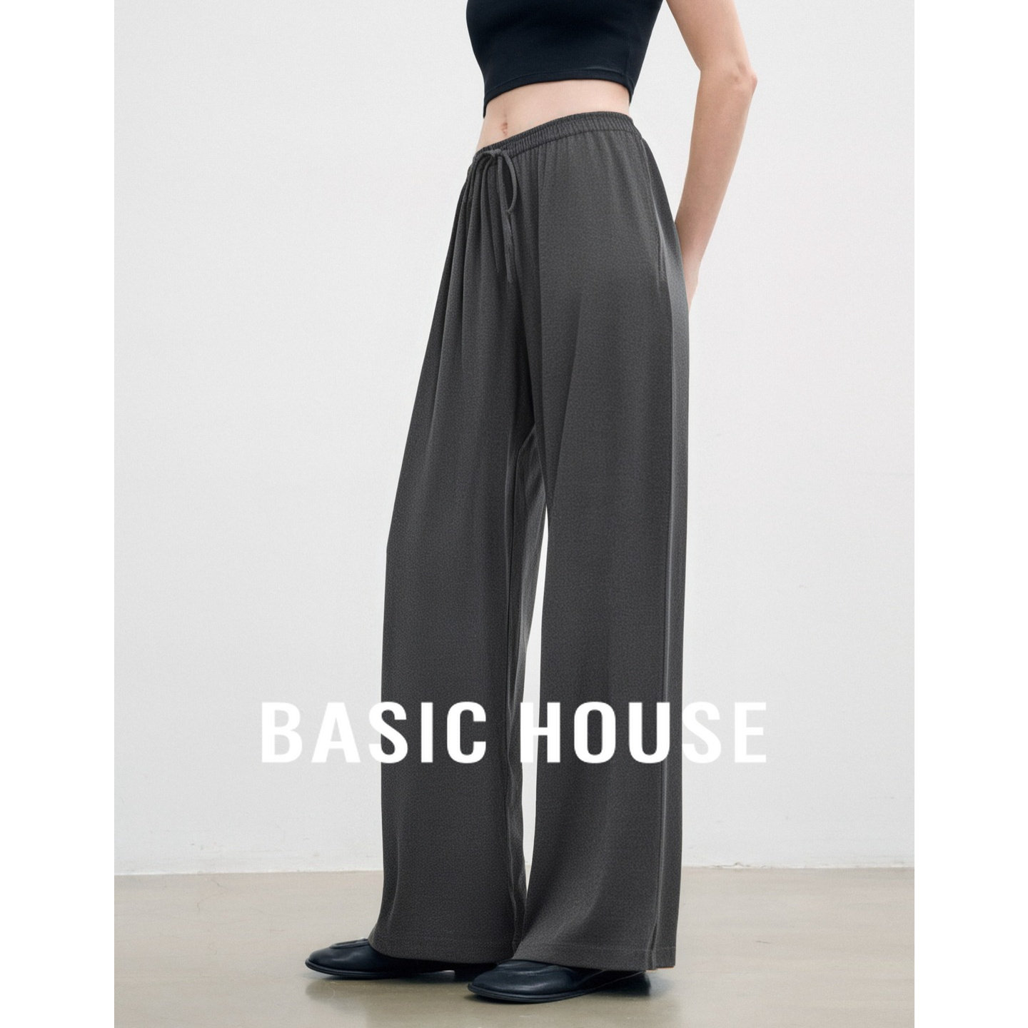 Basic House/百家好桑蚕丝运动宽松高腰垂坠感休闲阔腿裤女夏薄款