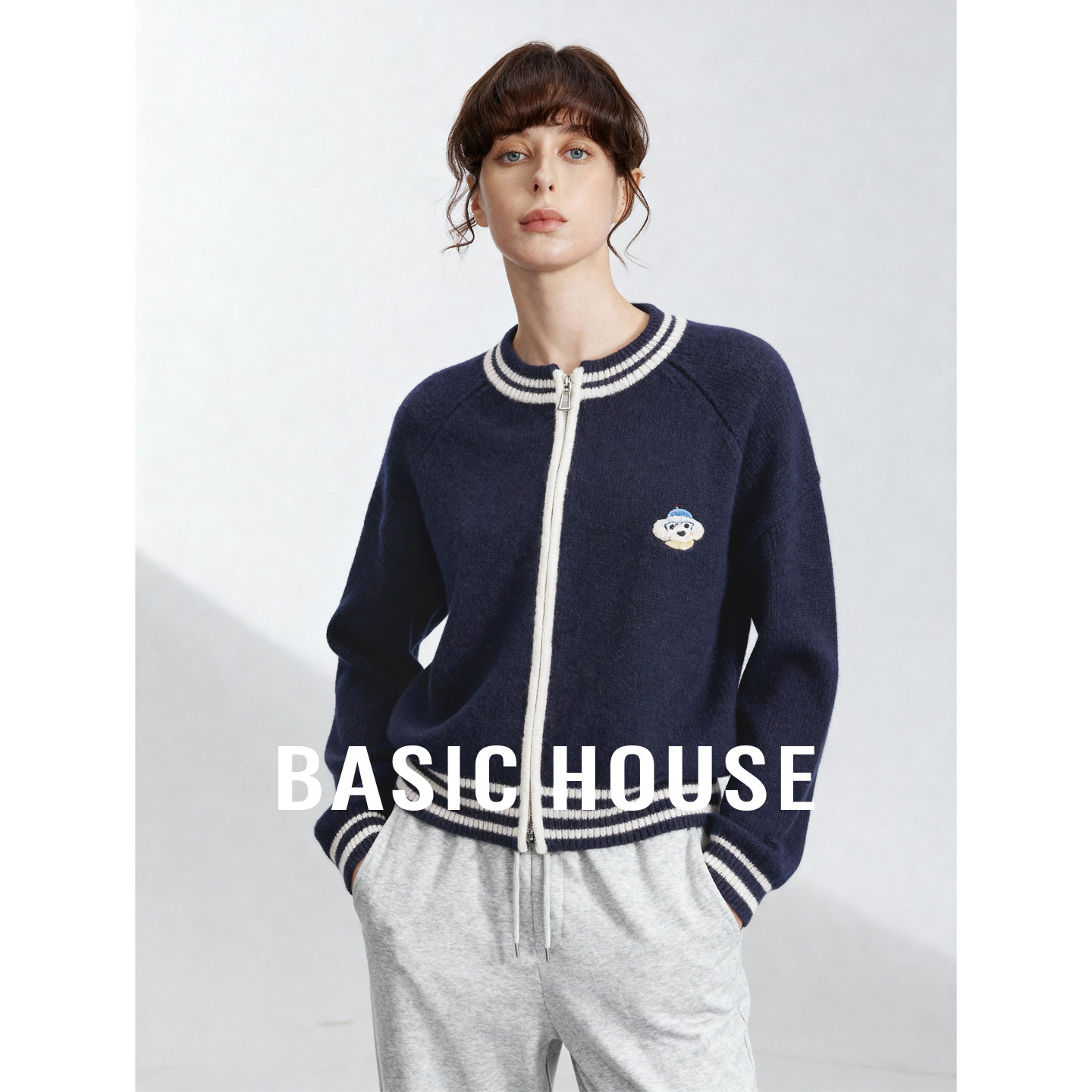 Basic House/百家好2026撞色条纹开衫毛衣女春季刺绣简约百搭上衣