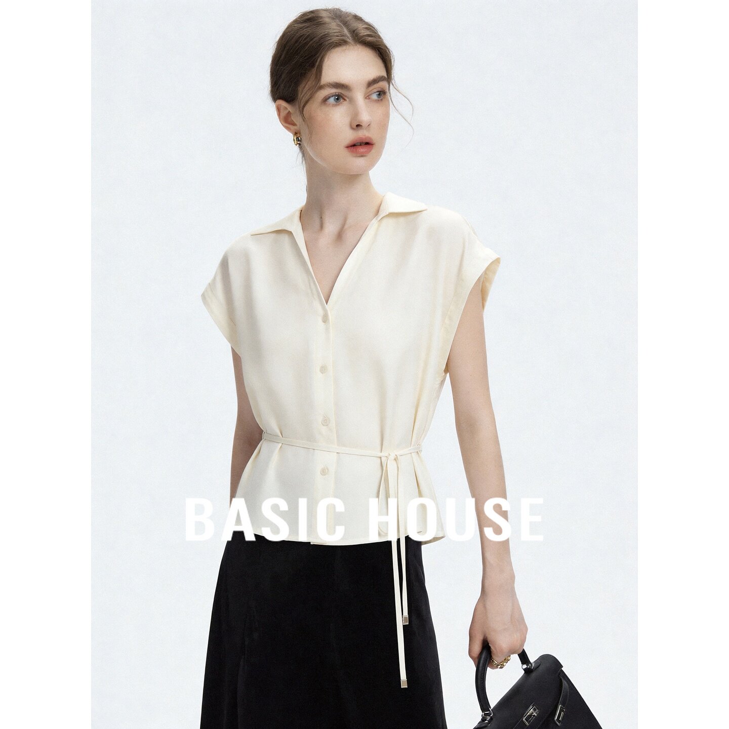Basic House/百家好优雅风白色翻领短袖收腰系带气质百搭衬衫女夏