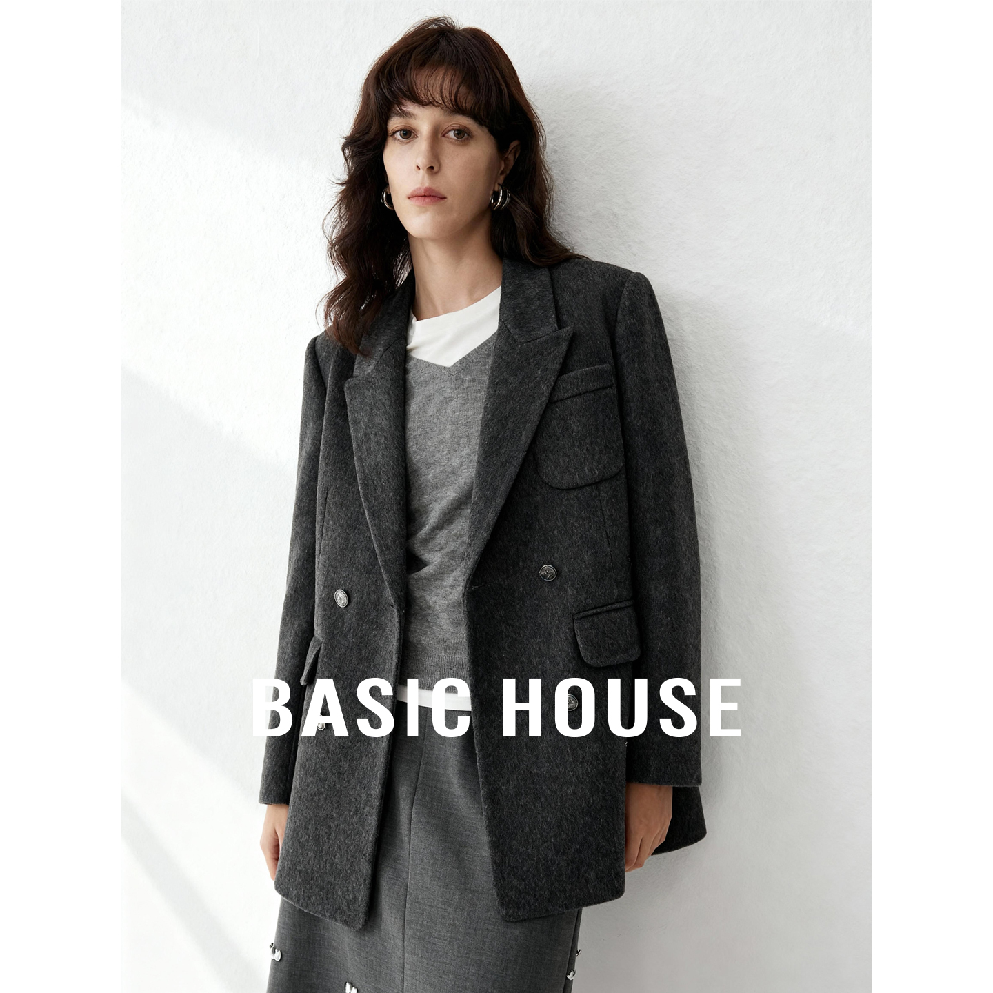 Basic House/百家好秋冬通勤复古双面呢大衣女宽松显瘦绵羊毛外套