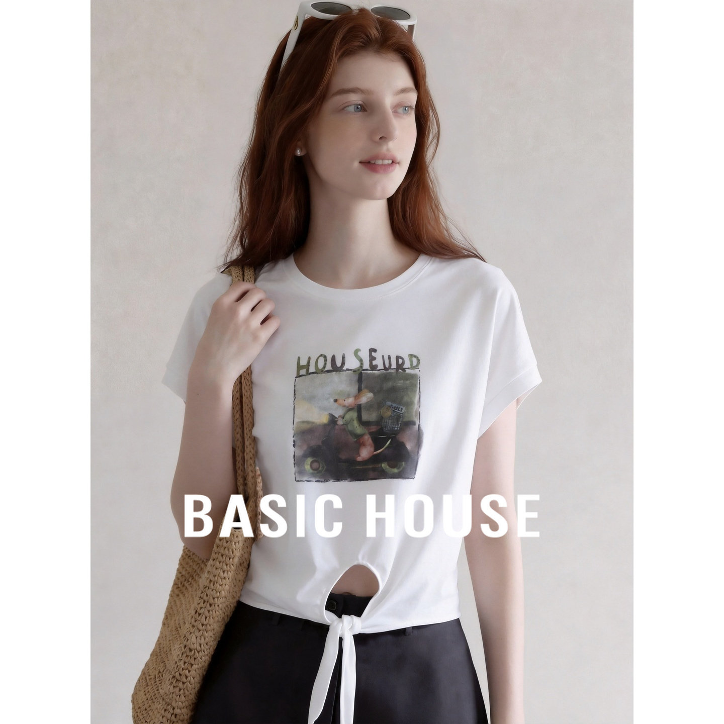 Basic House/百家好水果印花短袖T恤女夏季白色宽松百搭显瘦上衣