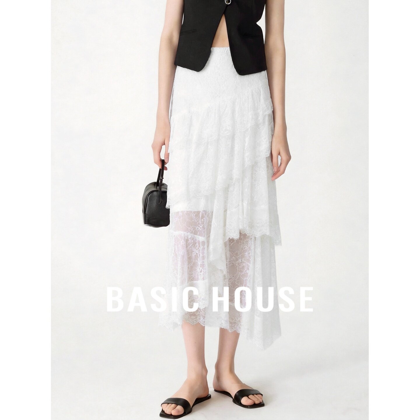 Basic House/百家好小众设计感蕾丝半身裙女中长款不规则飘逸半裙