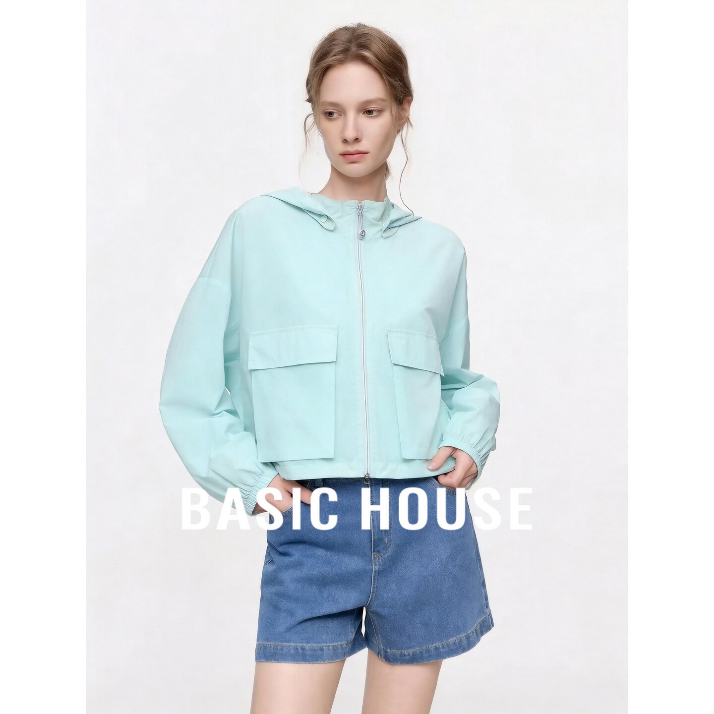 Basic House/百家好蓝色透气防晒服女宽松连帽拉链外套百搭防晒衣