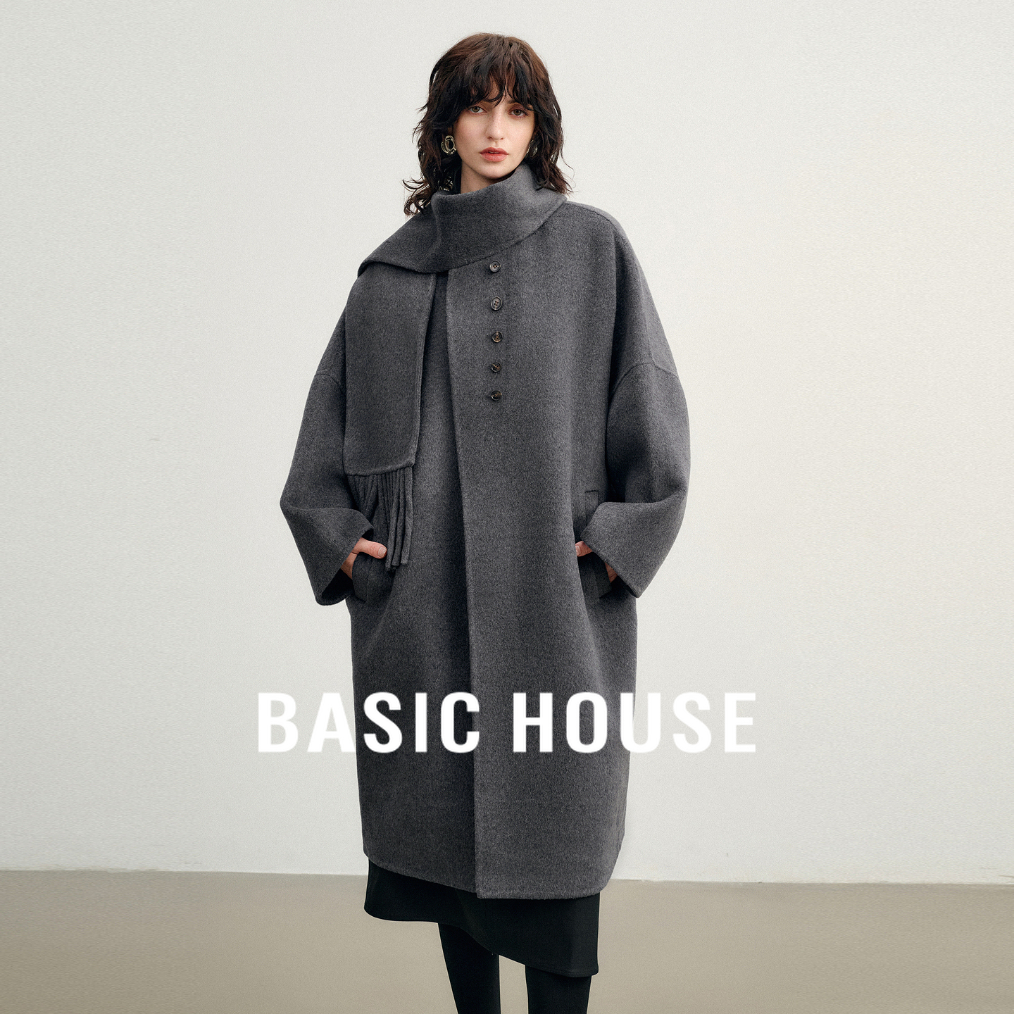 Basic House/百家好慵懒宽松山羊绒分离式围巾长款羊毛双面呢大衣