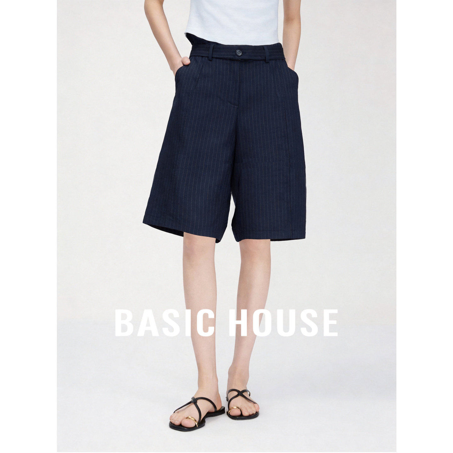 Basic House/百家好复古蓝色莱赛尔亚麻休闲裤时尚百搭条纹短裤女