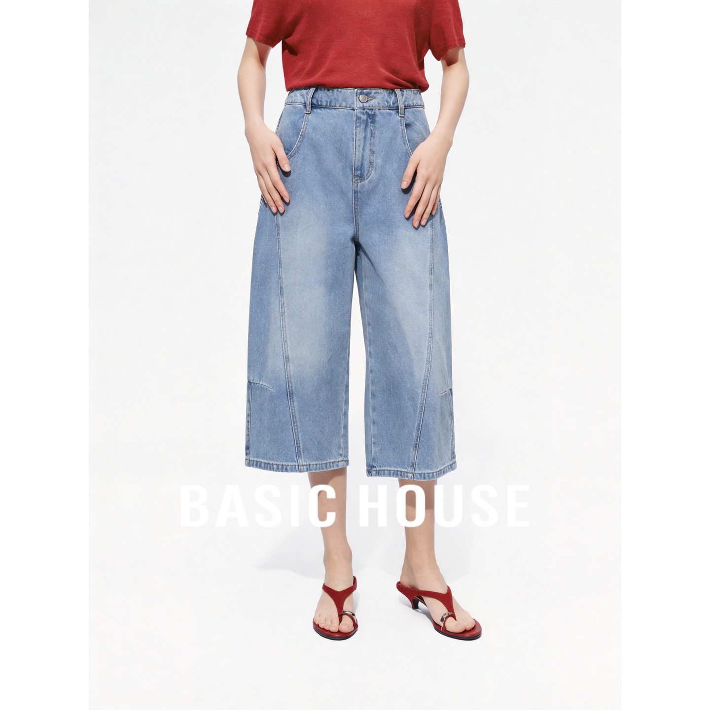 Basic House/百家好美式水洗蓝色七分牛仔裤女夏季A字斜切阔腿裤