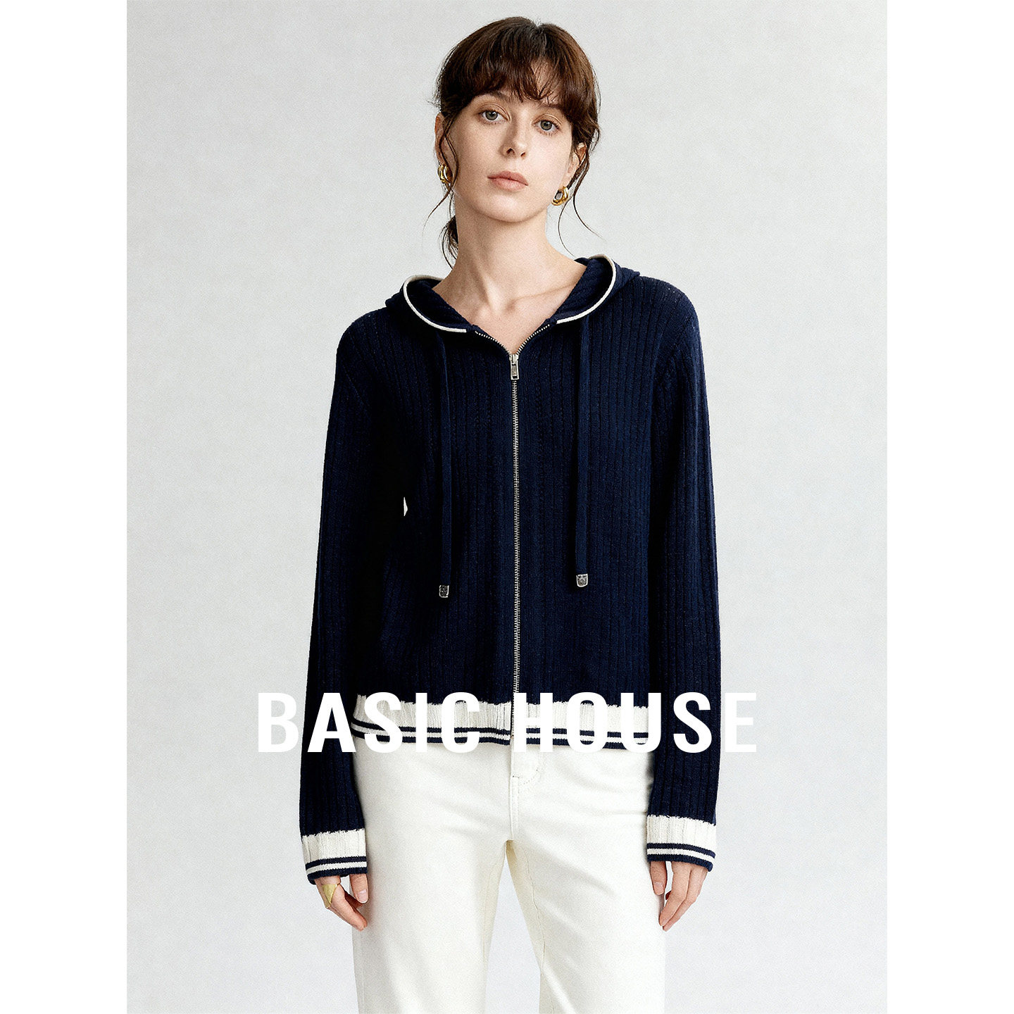 Basic House/百家好26春季新连帽小众设计针织开衫女百搭好看上衣