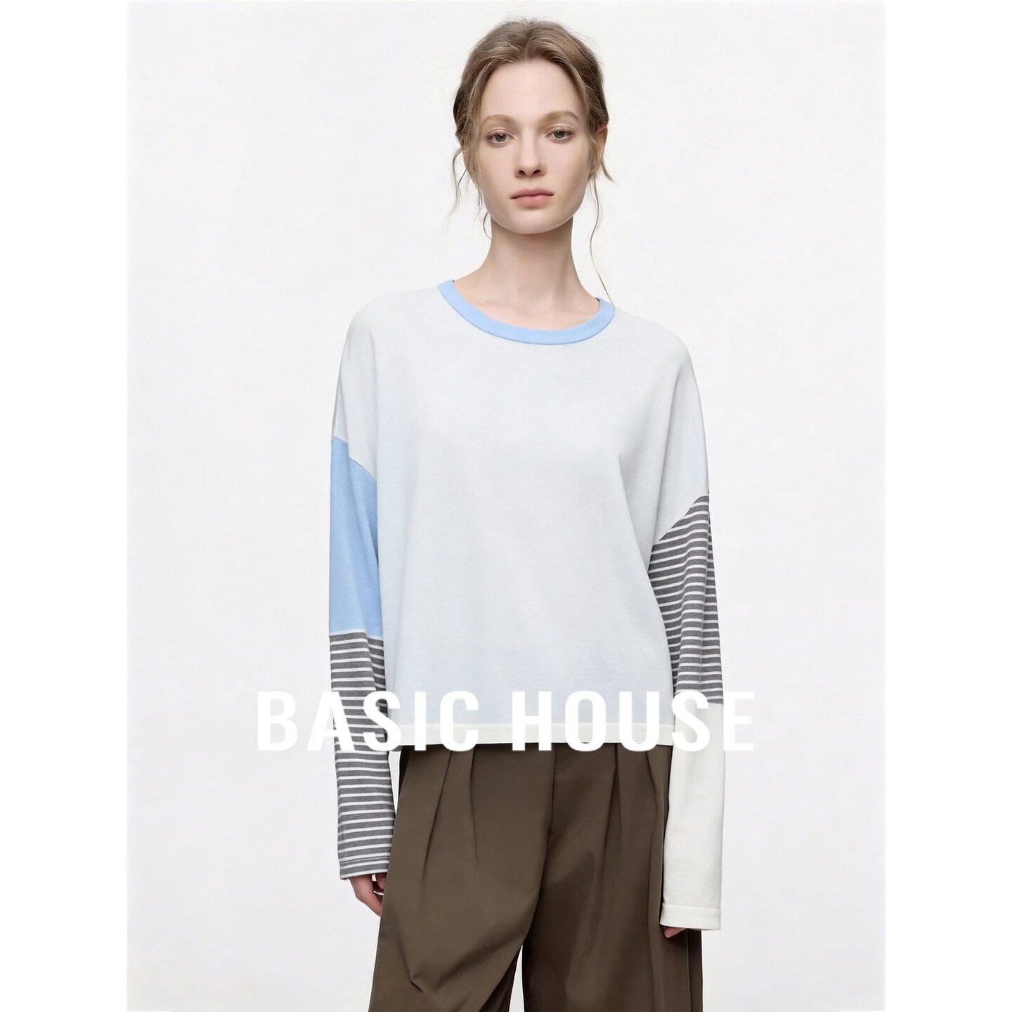 Basic House/百家好撞色拼接条纹羊毛桑蚕丝针织衫女秋季长袖上衣