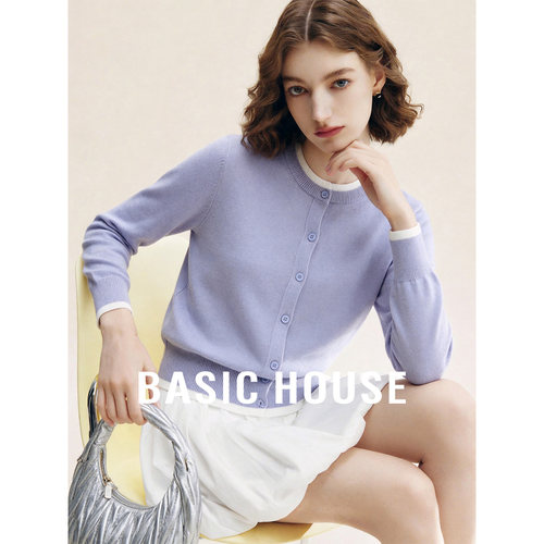 Basic House/百家好撞色拼接圆领针织开衫秋季百搭假两件短款上衣