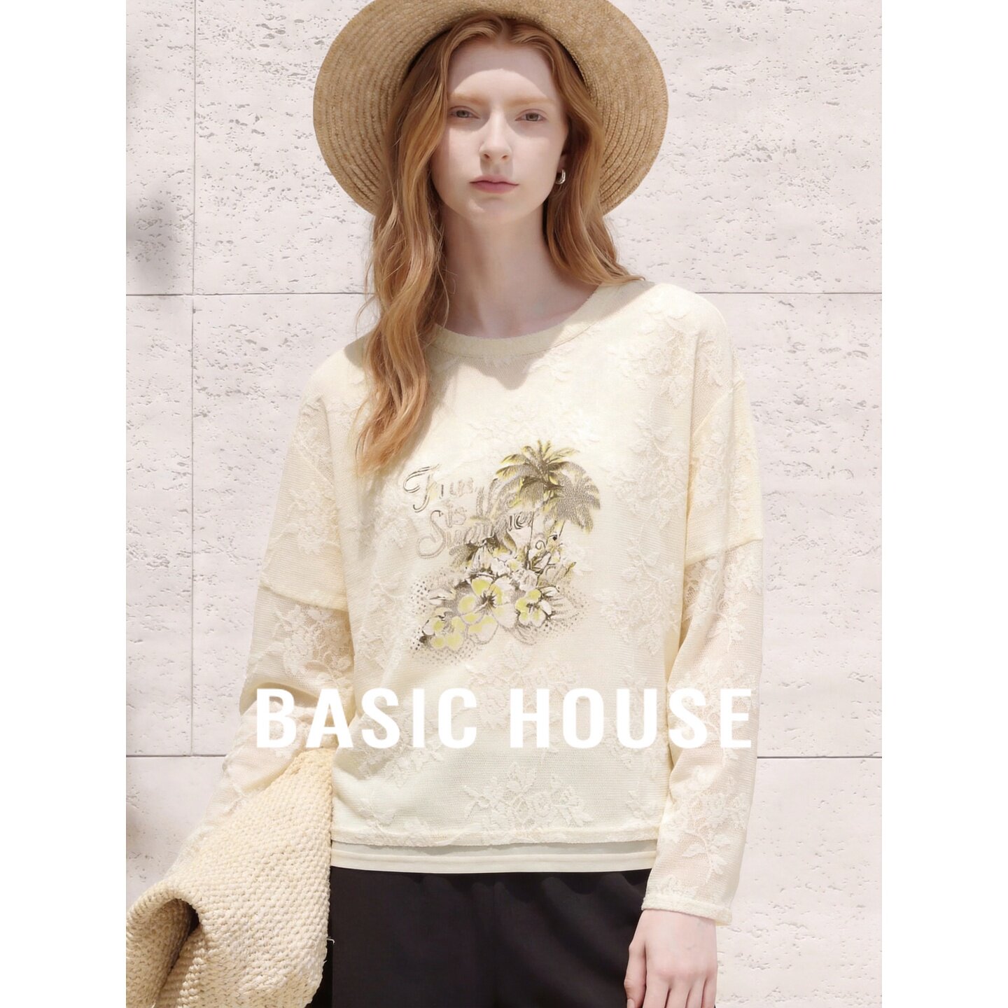 Basic House/百家好黄色蕾丝刺绣长袖T恤女秋季新款宽松显瘦上衣