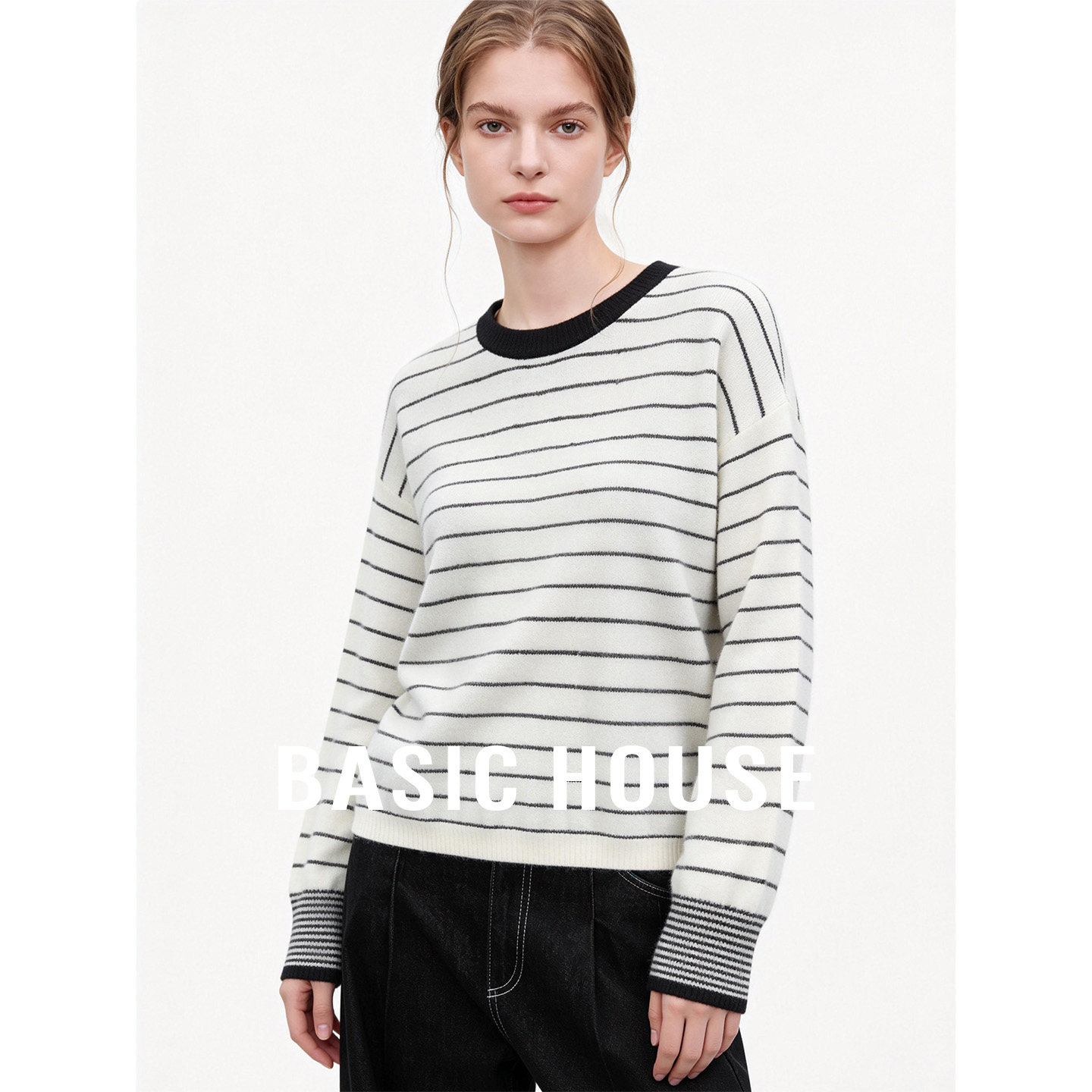 Basic House/百家好经典黑白圆领设计感长袖T恤女秋宽松休闲内搭