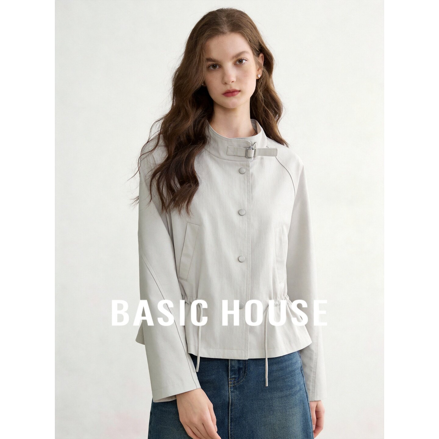 Basic House/百家好白色立领设计感抽绳收腰日常百搭短外套女秋季