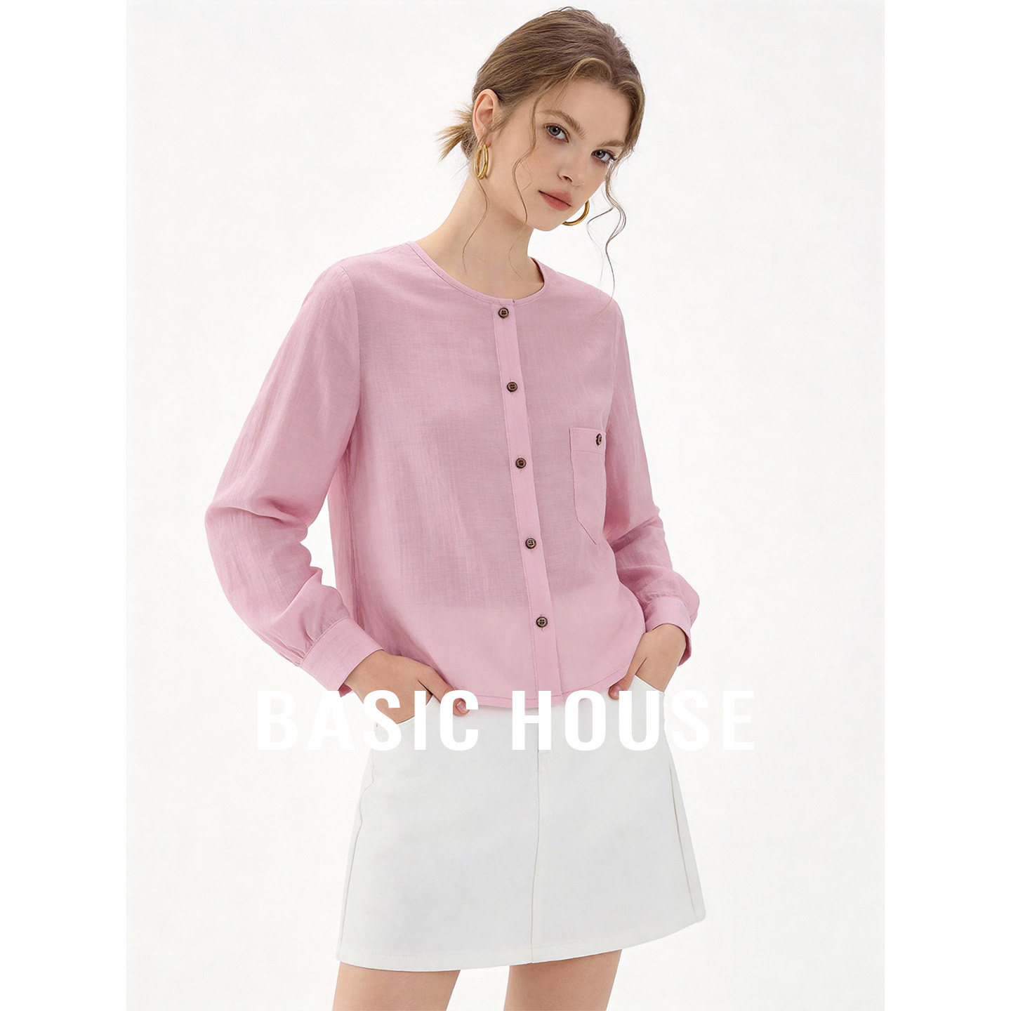 Basic House/百家好粉色缎面简约长袖衬衫女秋季新款设计感上衣