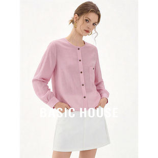House 新款 百家好粉色缎面简约长袖 女春季 设计感上衣 衬衫 Basic