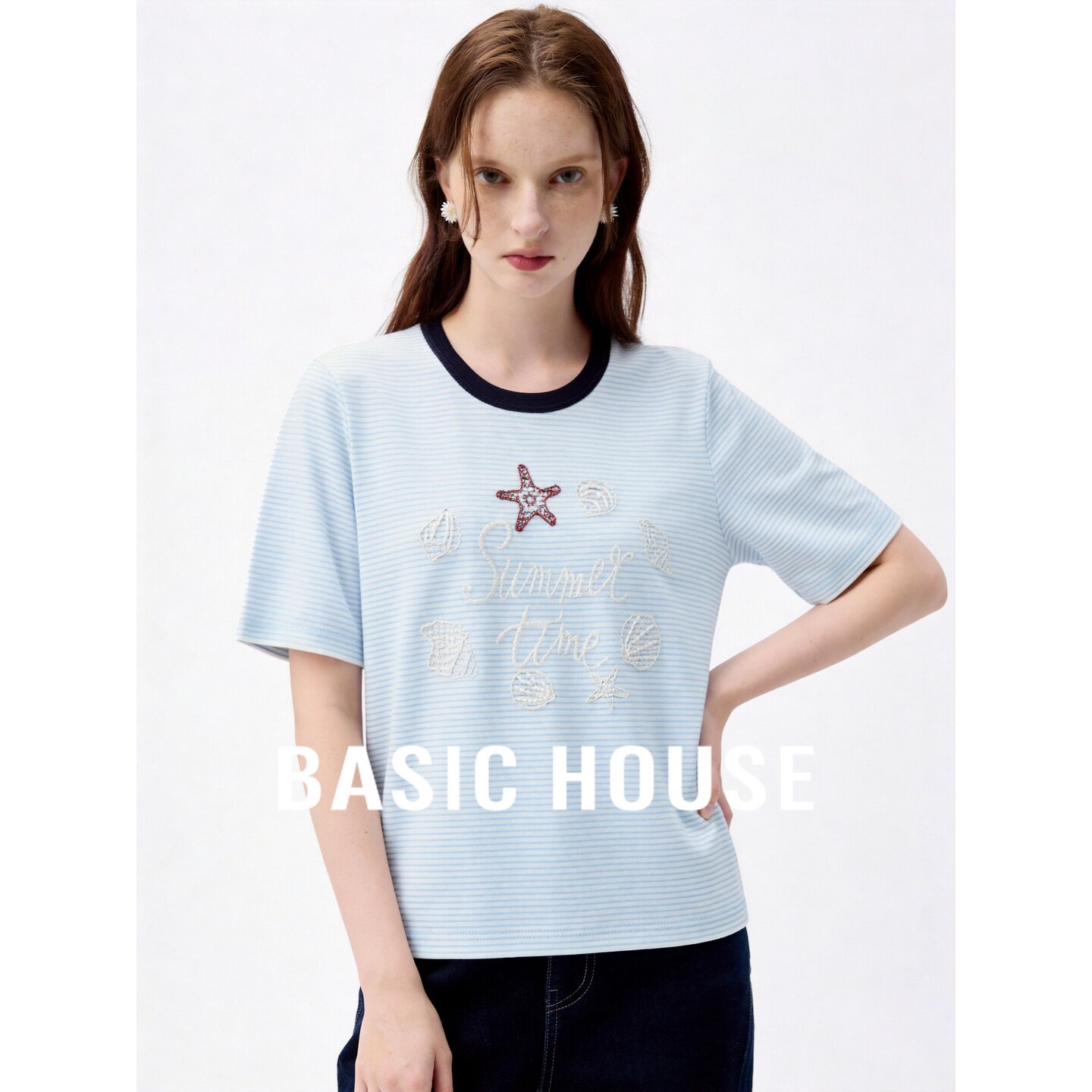 Basic House/百家好浅蓝色条纹短袖针织衫女夏星星刺绣百搭上衣
